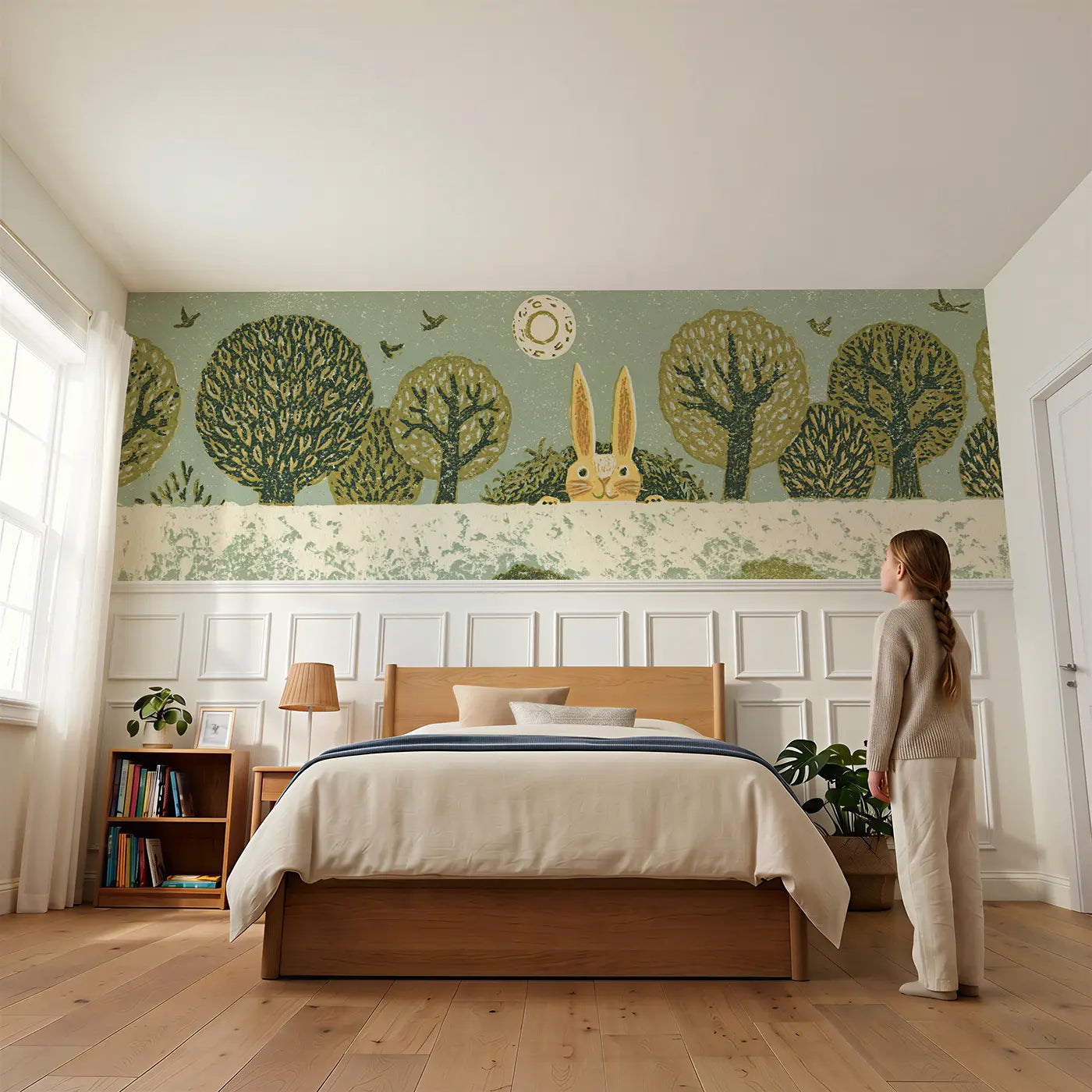 Child reading near Linocut Rabbit Burrow Forest Wainscoting Wallpaper by Whimsy Tots