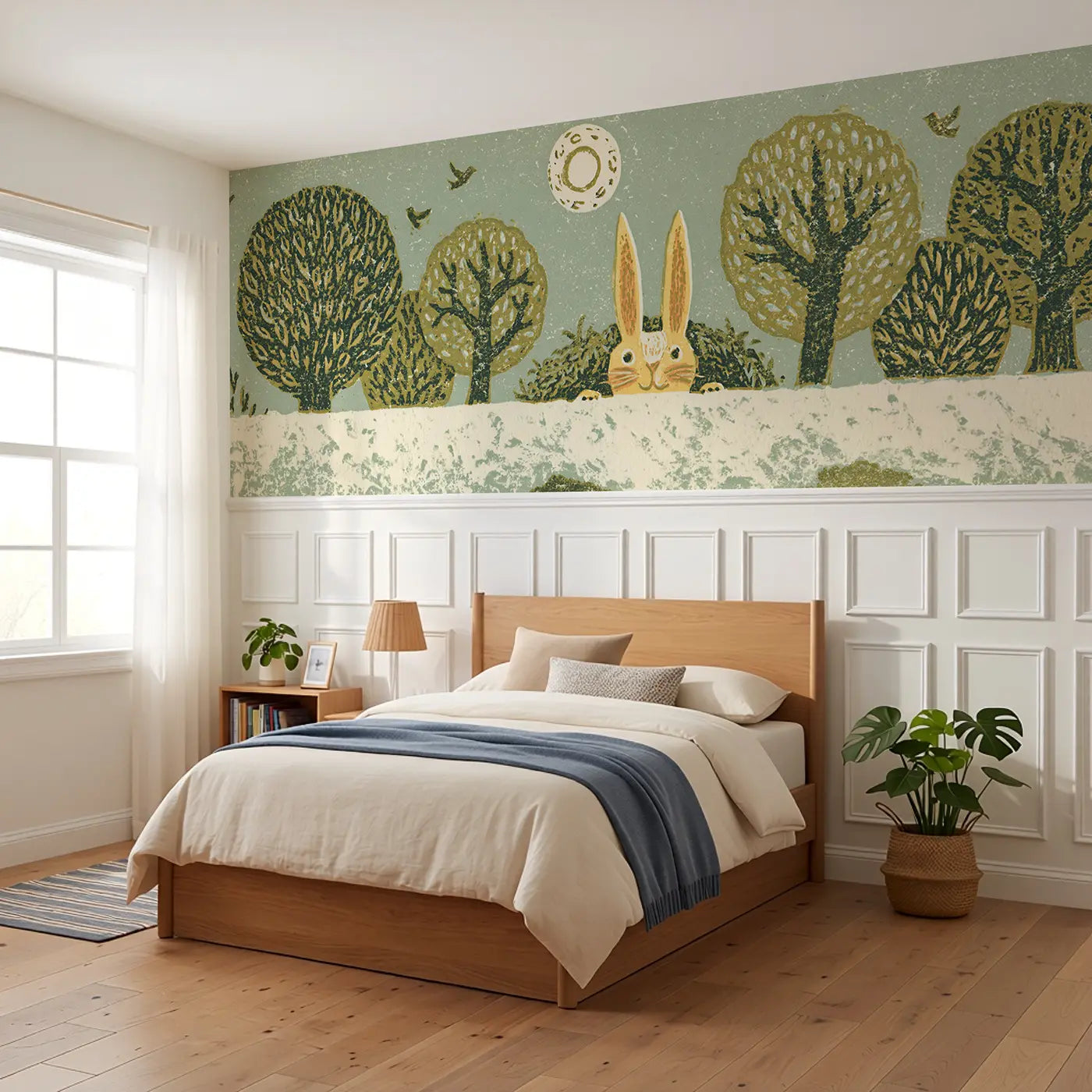Linocut Rabbit Burrow Forest Wainscoting Wallpaper styled in a kids bedroom by Whimsy Tots