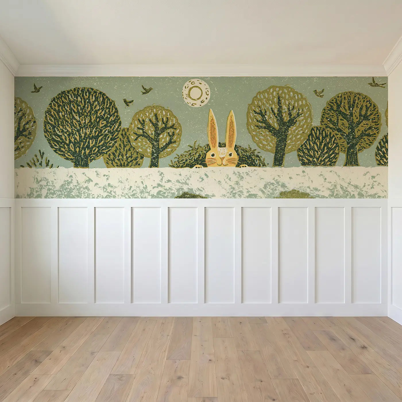 Full panel view of Linocut Rabbit Burrow Forest Wainscoting Wallpaper by Whimsy Tots