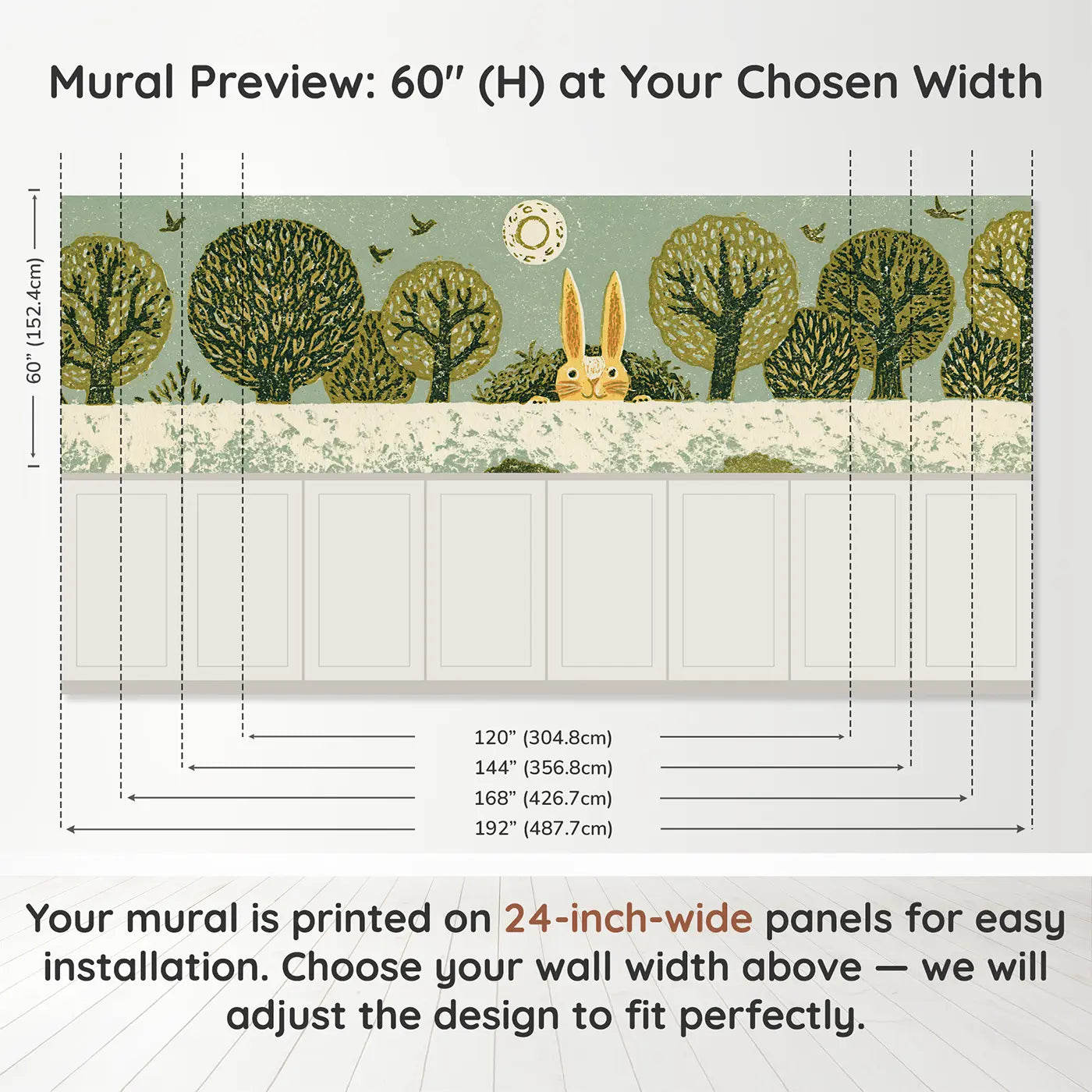 Panel dimensions for Linocut Rabbit Burrow Forest Wainscoting Wallpaper by Whimsy Tots