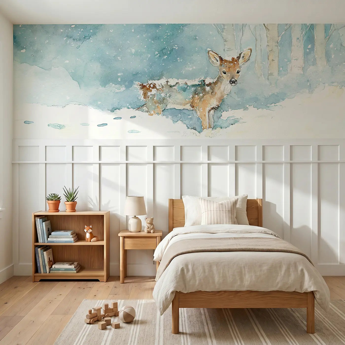 Watercolor deer snowfall winter quiet wainscoting wallpaper for bedroom by Whimsy Tots.