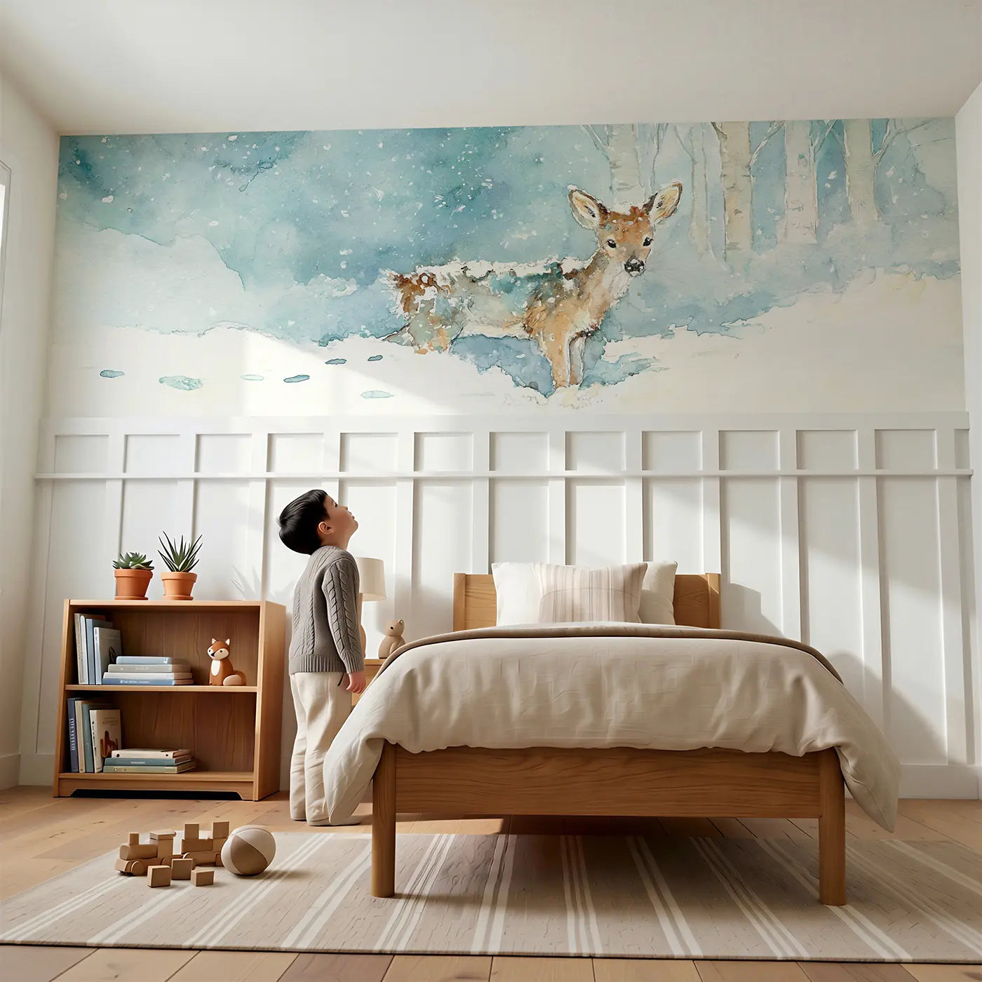 Child reading near Deer Snowfall Winter Quiet Wainscoting Wallpaper by Whimsy Tots