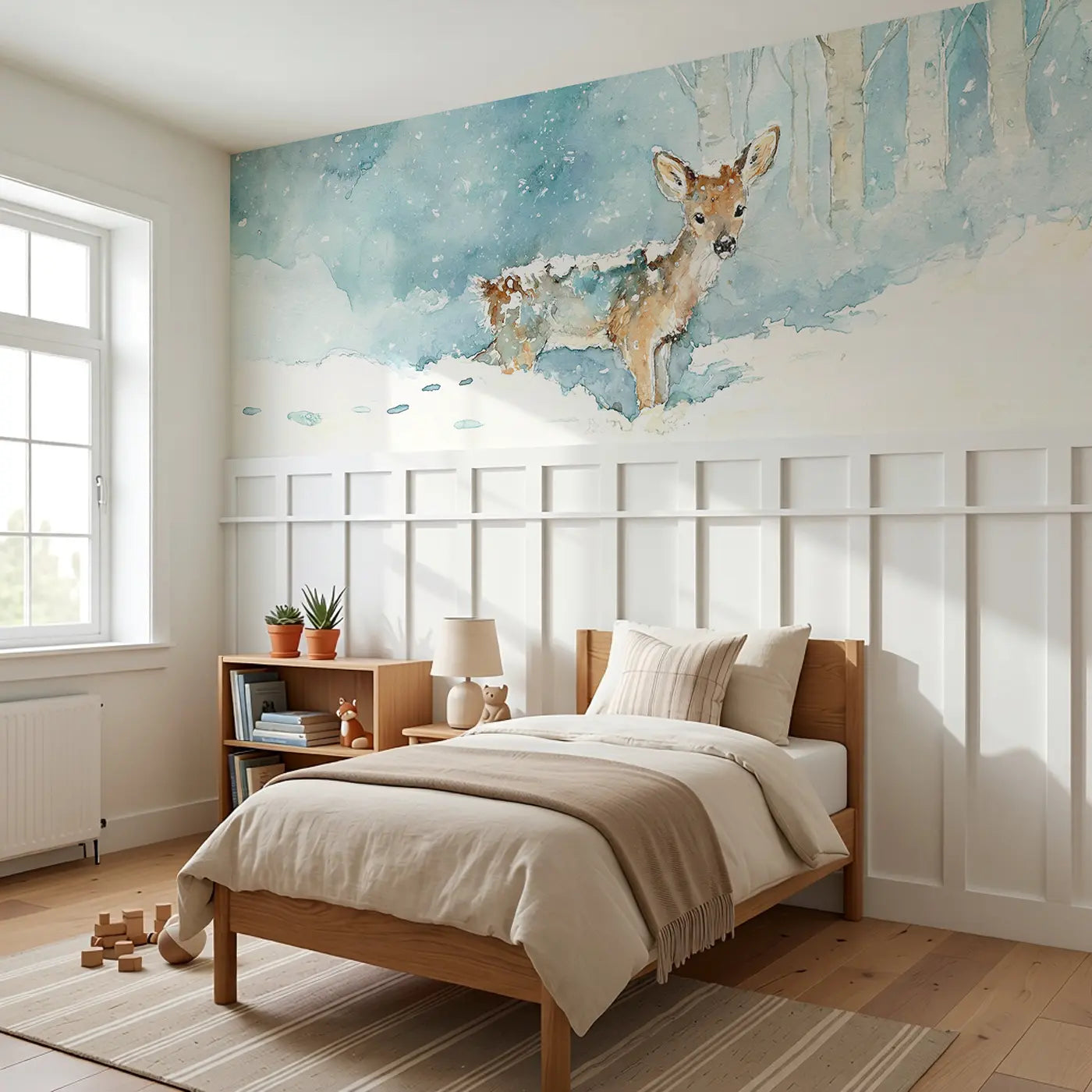 Deer Snowfall Winter Quiet Wainscoting Wallpaper styled in a kids bedroom by Whimsy Tots