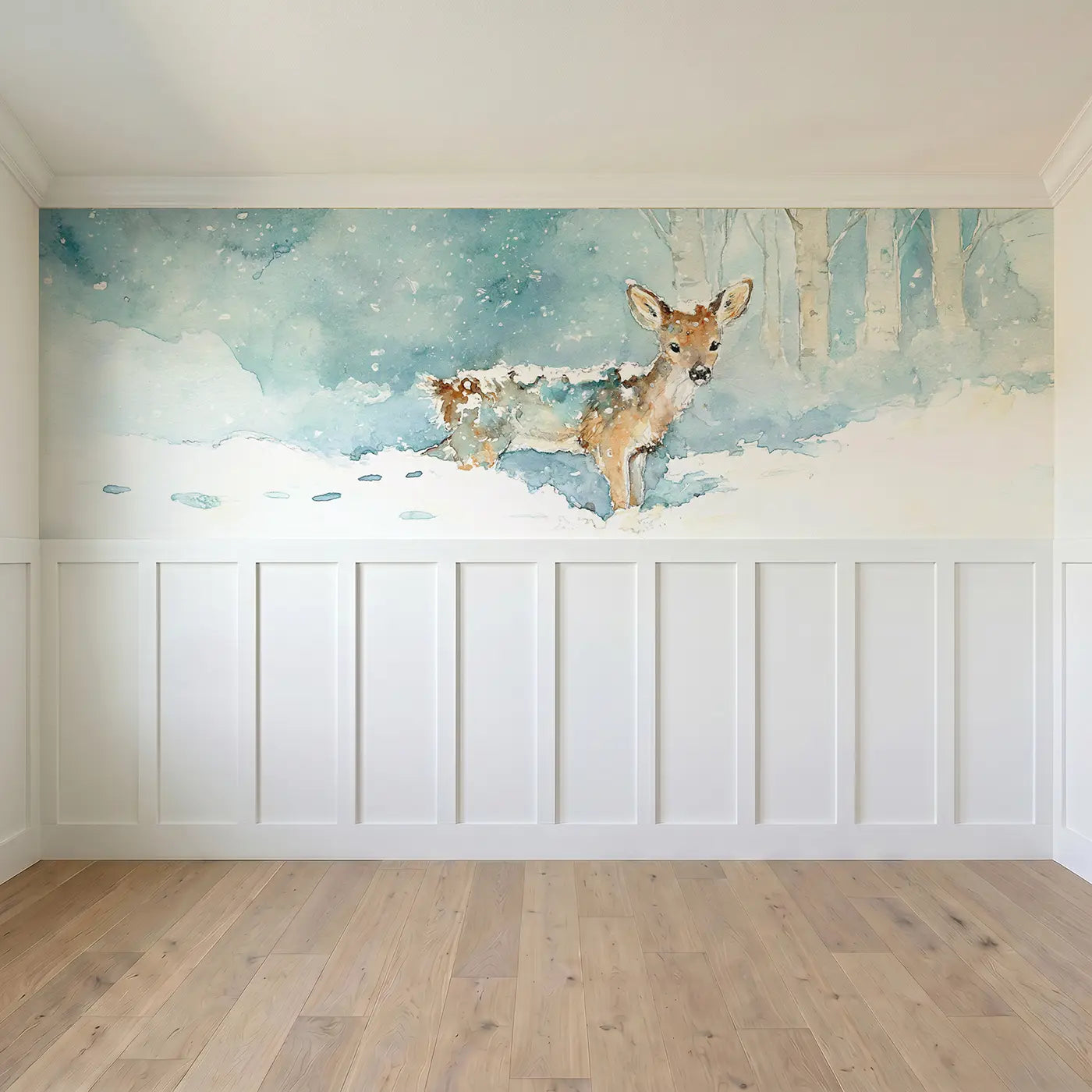 Full panel view of Deer Snowfall Winter Quiet Wainscoting Wallpaper by Whimsy Tots