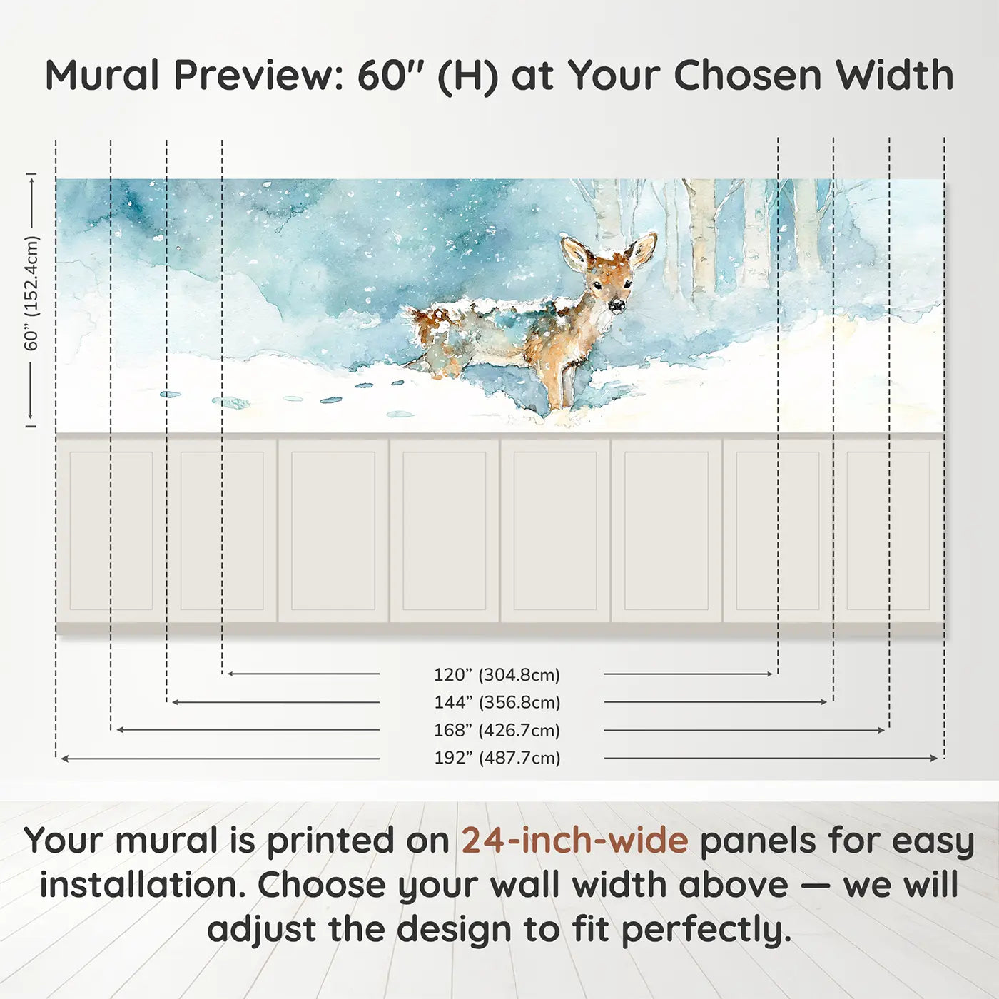 Panel dimensions for Deer Snowfall Winter Quiet Wainscoting Wallpaper by Whimsy Tots