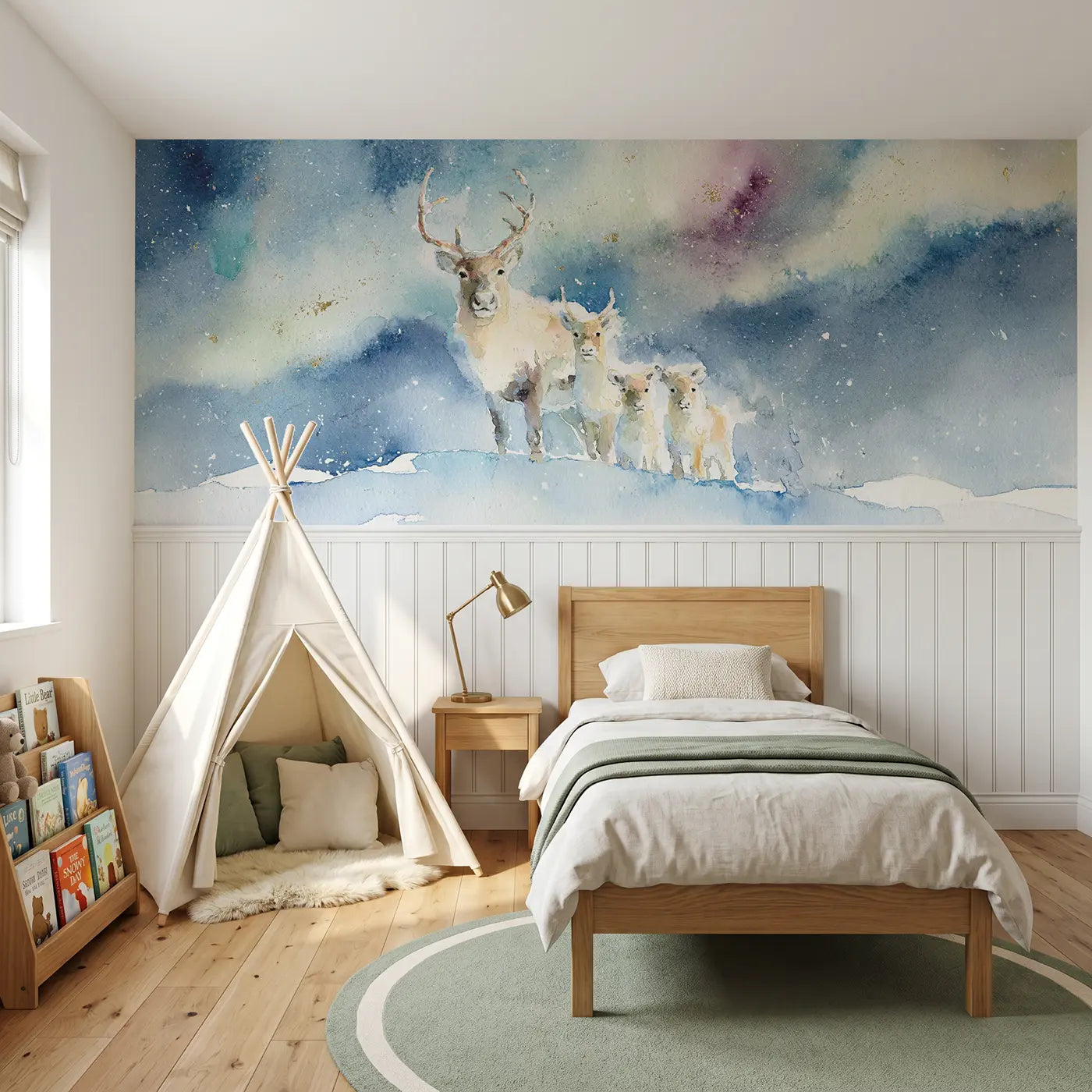 Watercolor reindeer arctic aurora night wainscoting wallpaper for bedroom by Whimsy Tots.