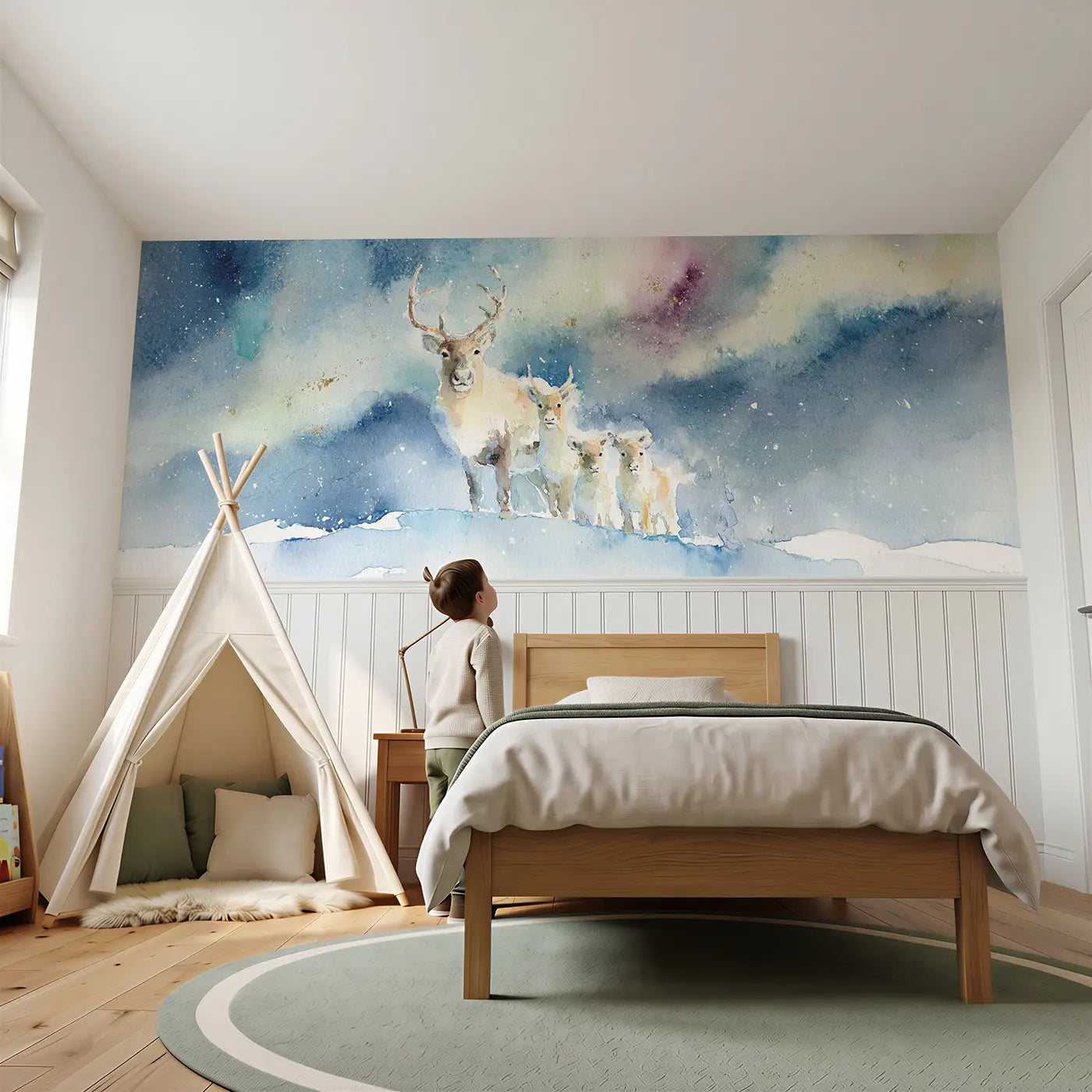 Child reading near Reindeer Arctic Aurora Night Wainscoting Wallpaper by Whimsy Tots