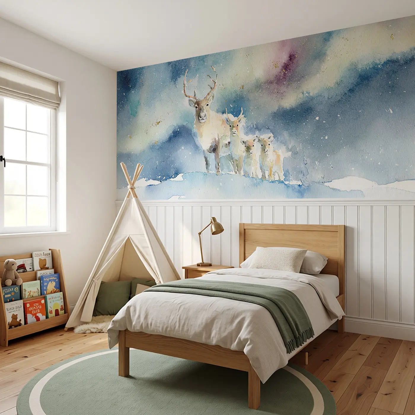 Reindeer Arctic Aurora Night Wainscoting Wallpaper styled in a kids bedroom by Whimsy Tots