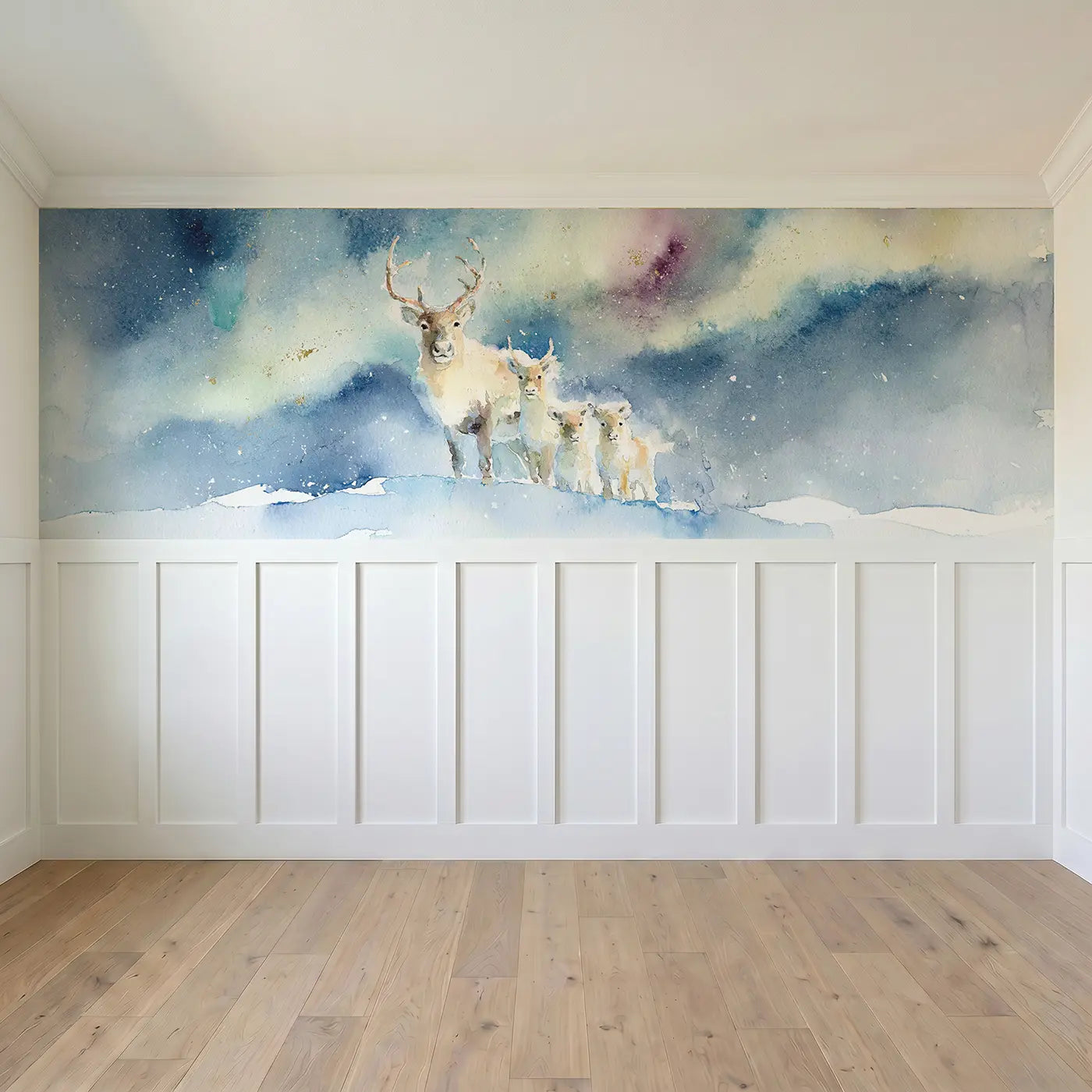 Full panel view of Reindeer Arctic Aurora Night Wainscoting Wallpaper by Whimsy Tots