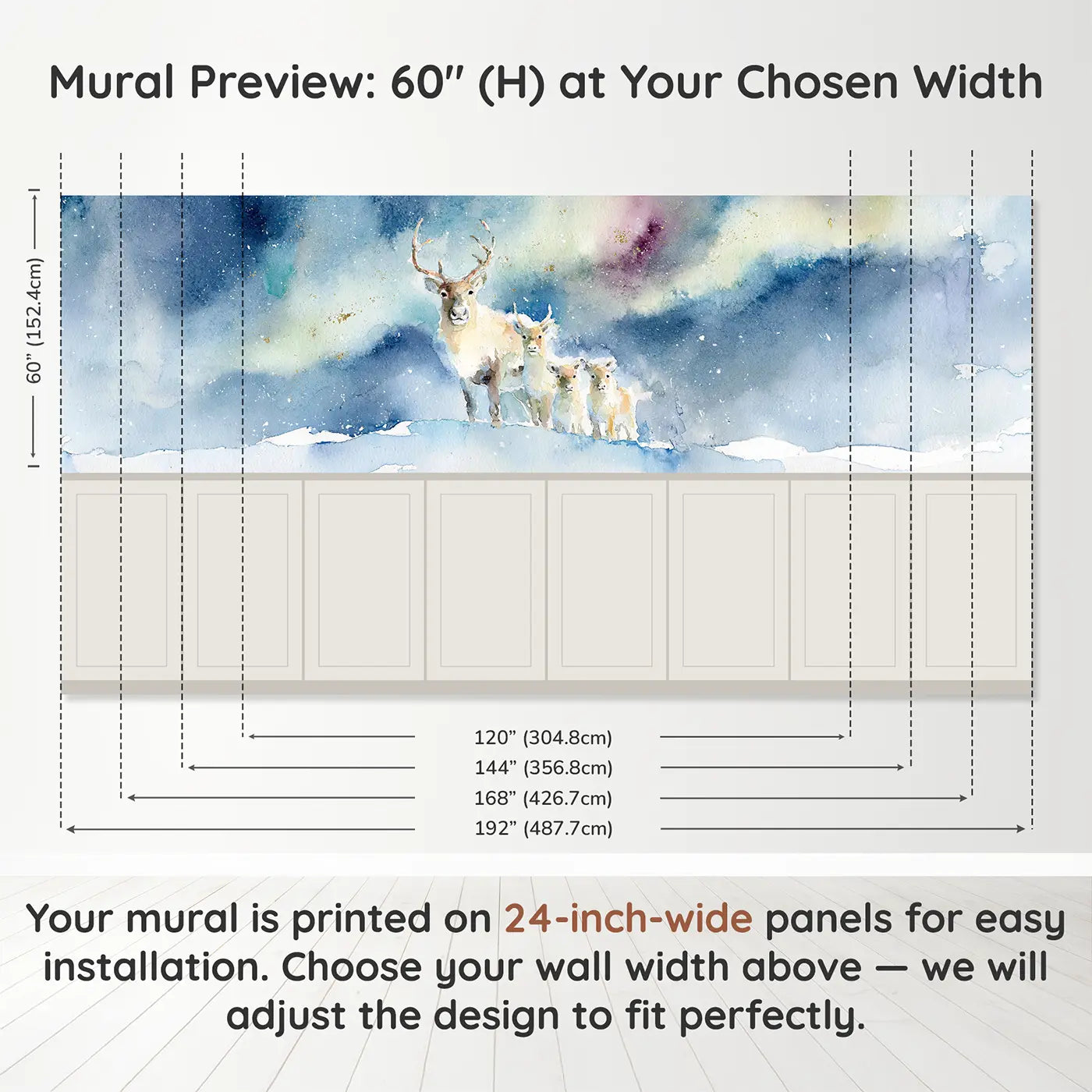 Panel dimensions for Reindeer Arctic Aurora Night Wainscoting Wallpaper by Whimsy Tots