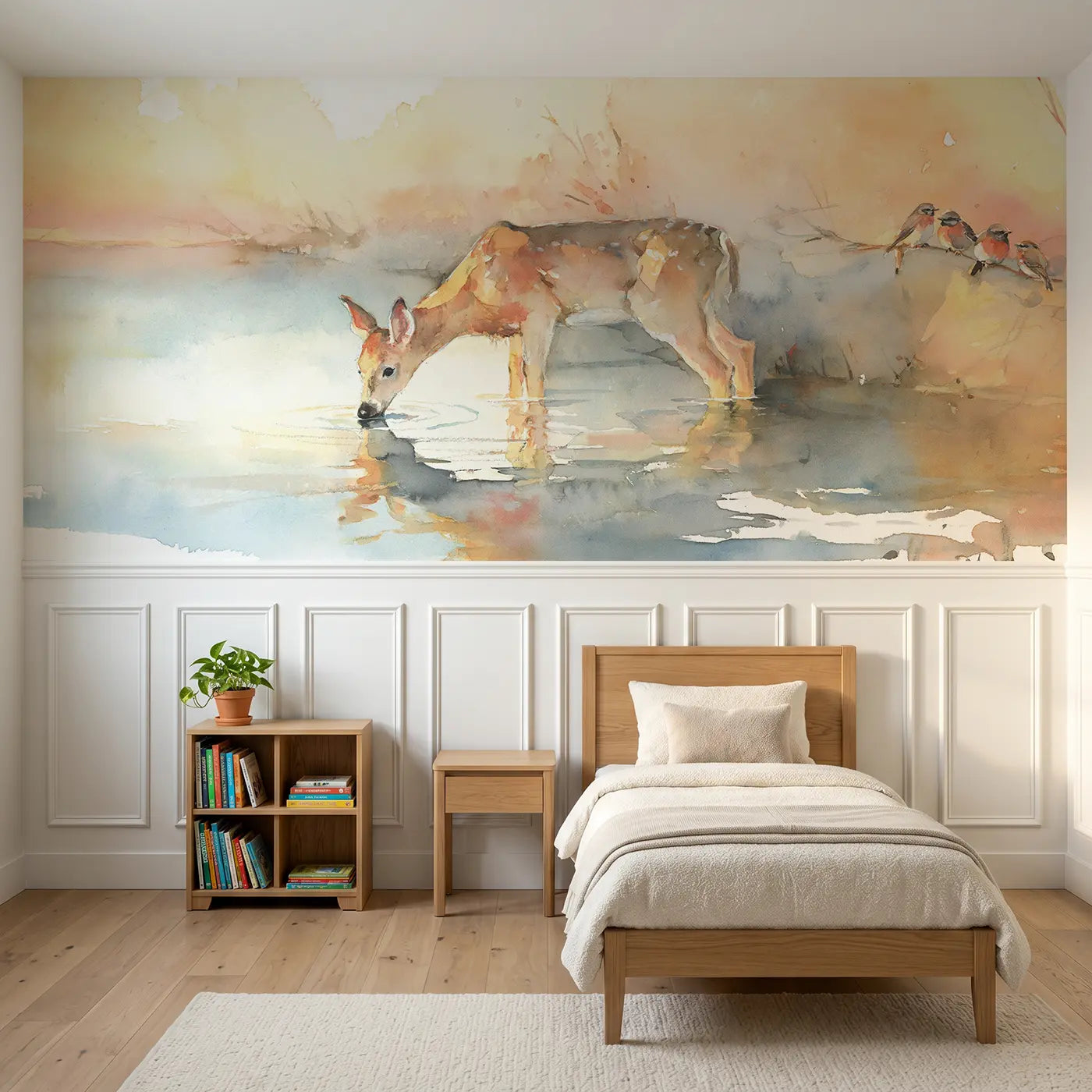 Watercolor deer river drink sunrise wainscoting wallpaper for bedroom by Whimsy Tots.