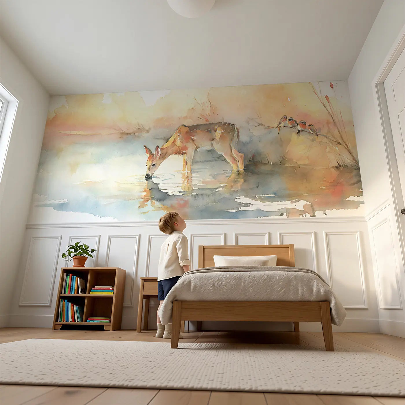 Child reading near Deer River Drink Sunrise Wainscoting Wallpaper by Whimsy Tots