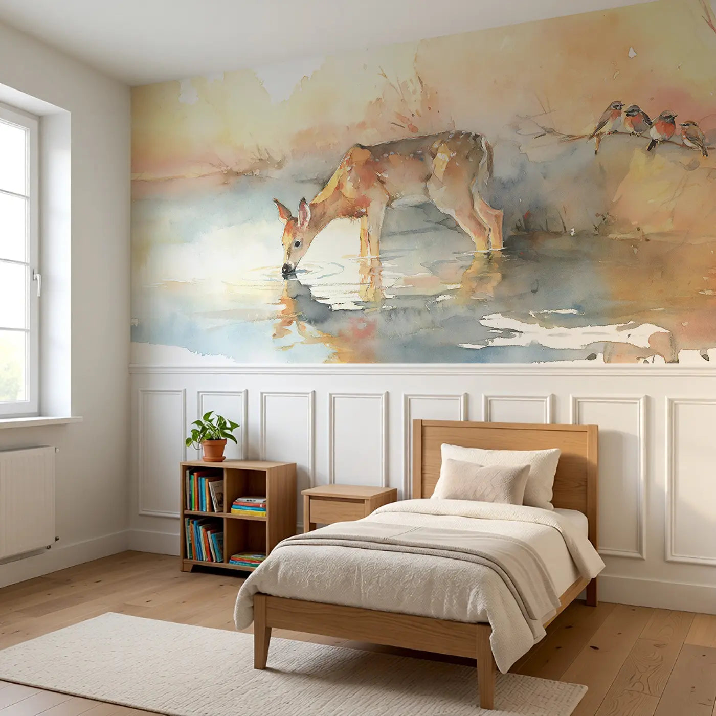 Deer River Drink Sunrise Wainscoting Wallpaper styled in a kids bedroom by Whimsy Tots