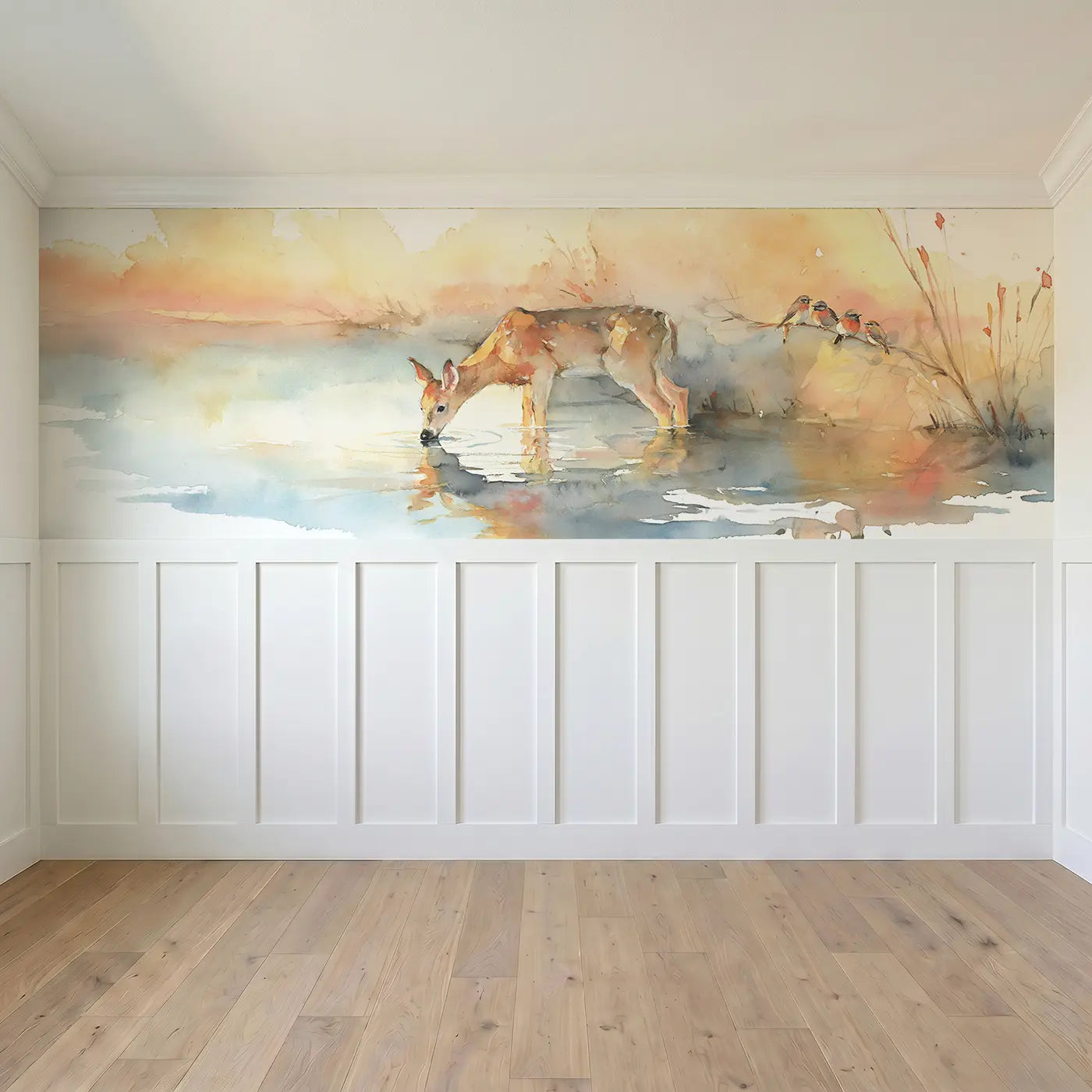 Full panel view of Deer River Drink Sunrise Wainscoting Wallpaper by Whimsy Tots