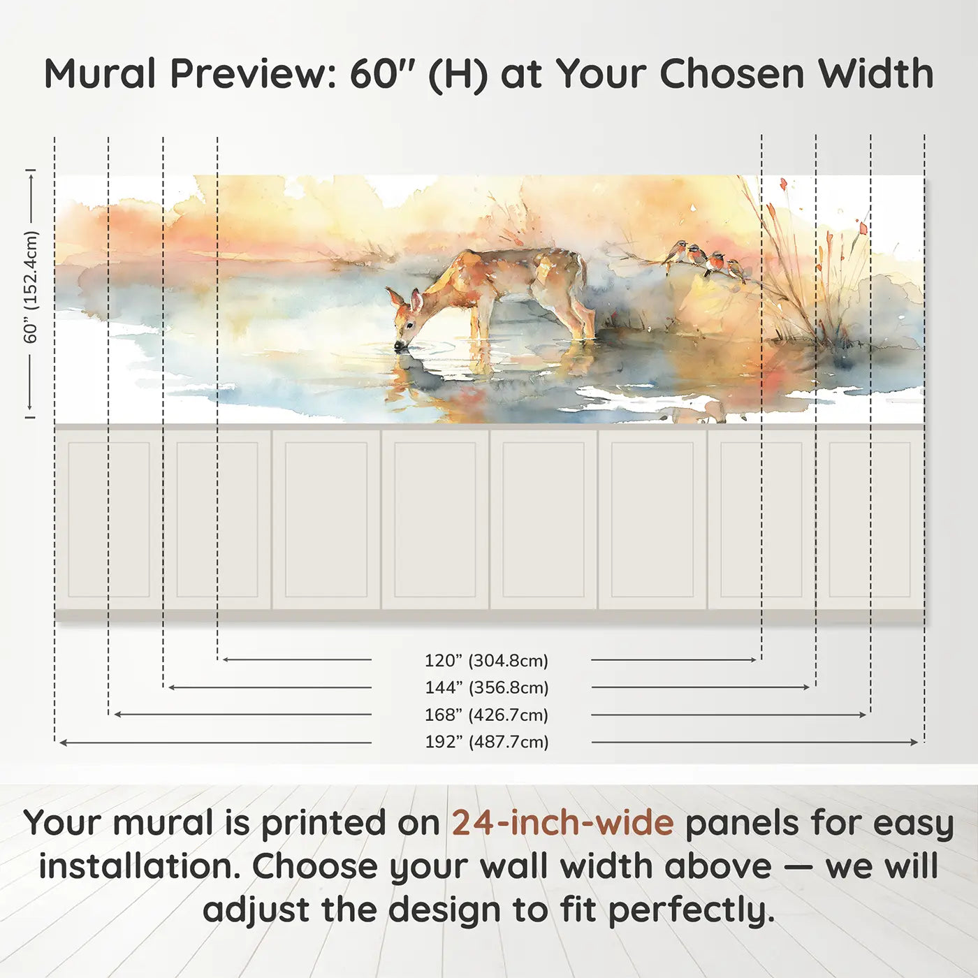 Panel dimensions for Deer River Drink Sunrise Wainscoting Wallpaper by Whimsy Tots