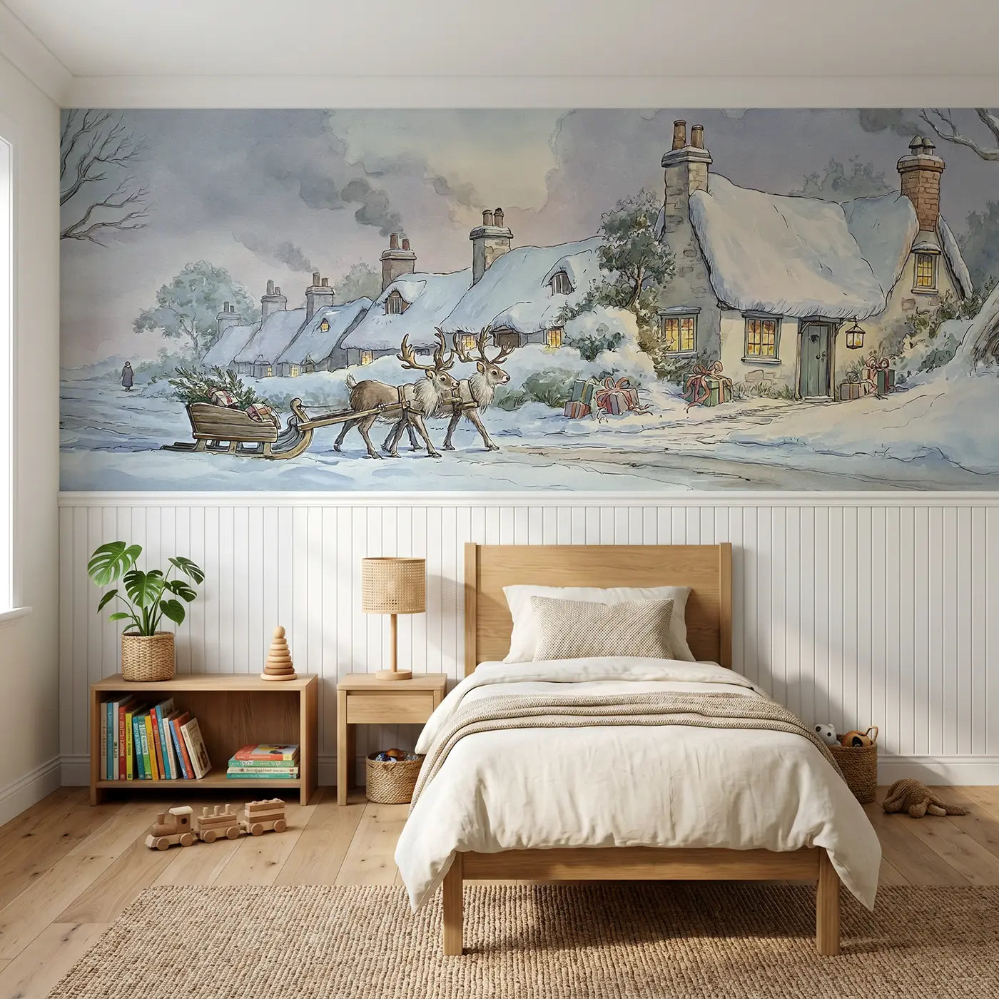 Storybook reindeer winter cottage sleigh wainscoting wallpaper for bedroom by Whimsy Tots.