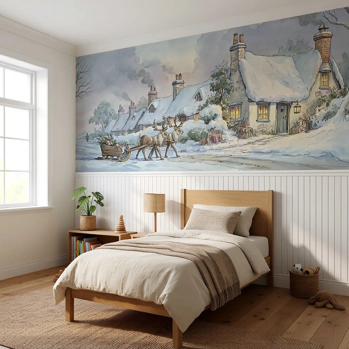 Reindeer Winter Cottage Sleigh Wainscoting Wallpaper styled in a kids bedroom by Whimsy Tots
