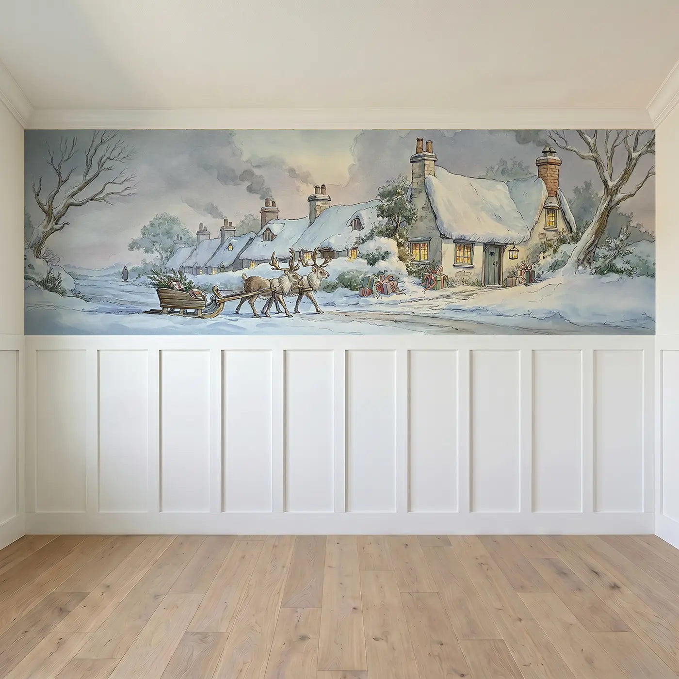 Full panel view of Reindeer Winter Cottage Sleigh Wainscoting Wallpaper by Whimsy Tots