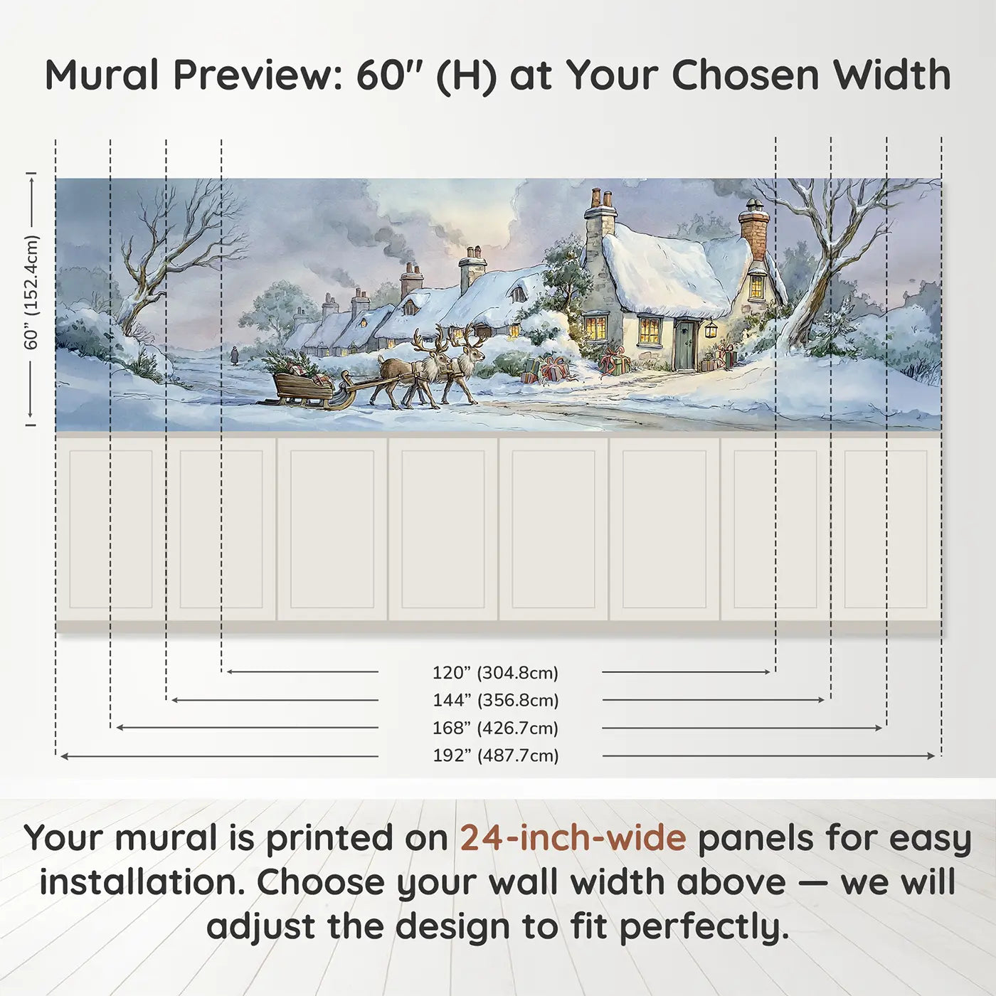 Panel dimensions for Reindeer Winter Cottage Sleigh Wainscoting Wallpaper by Whimsy Tots