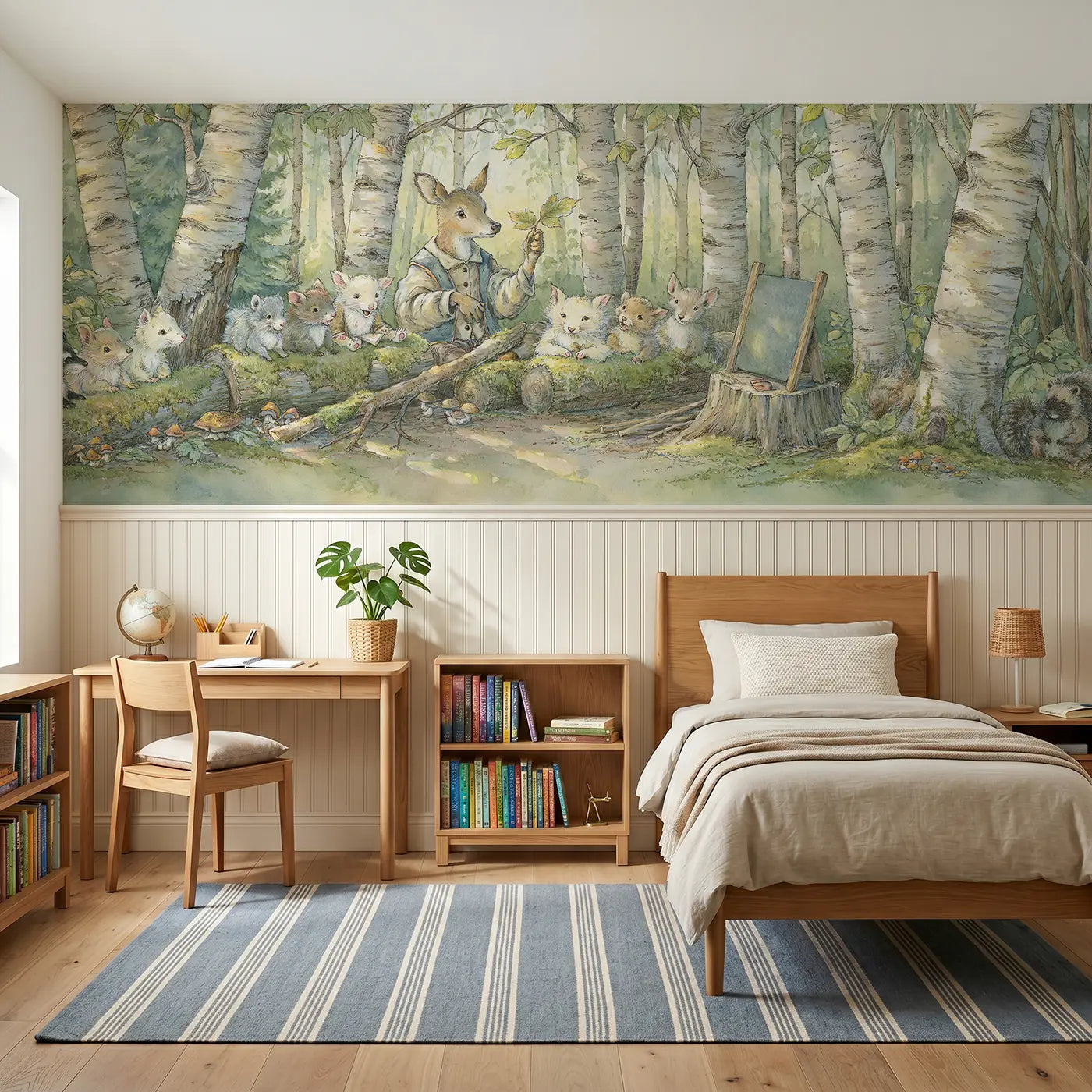 Storybook deer forest school lesson wainscoting wallpaper for bedroom by Whimsy Tots.