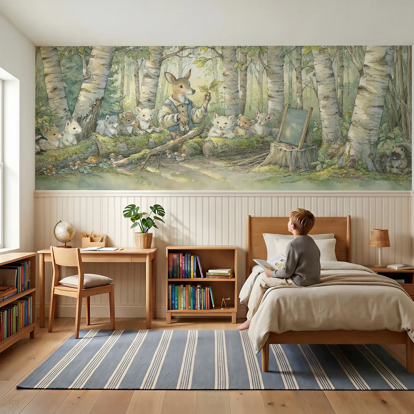 Child reading near Deer Forest School Lesson Wainscoting Wallpaper by Whimsy Tots