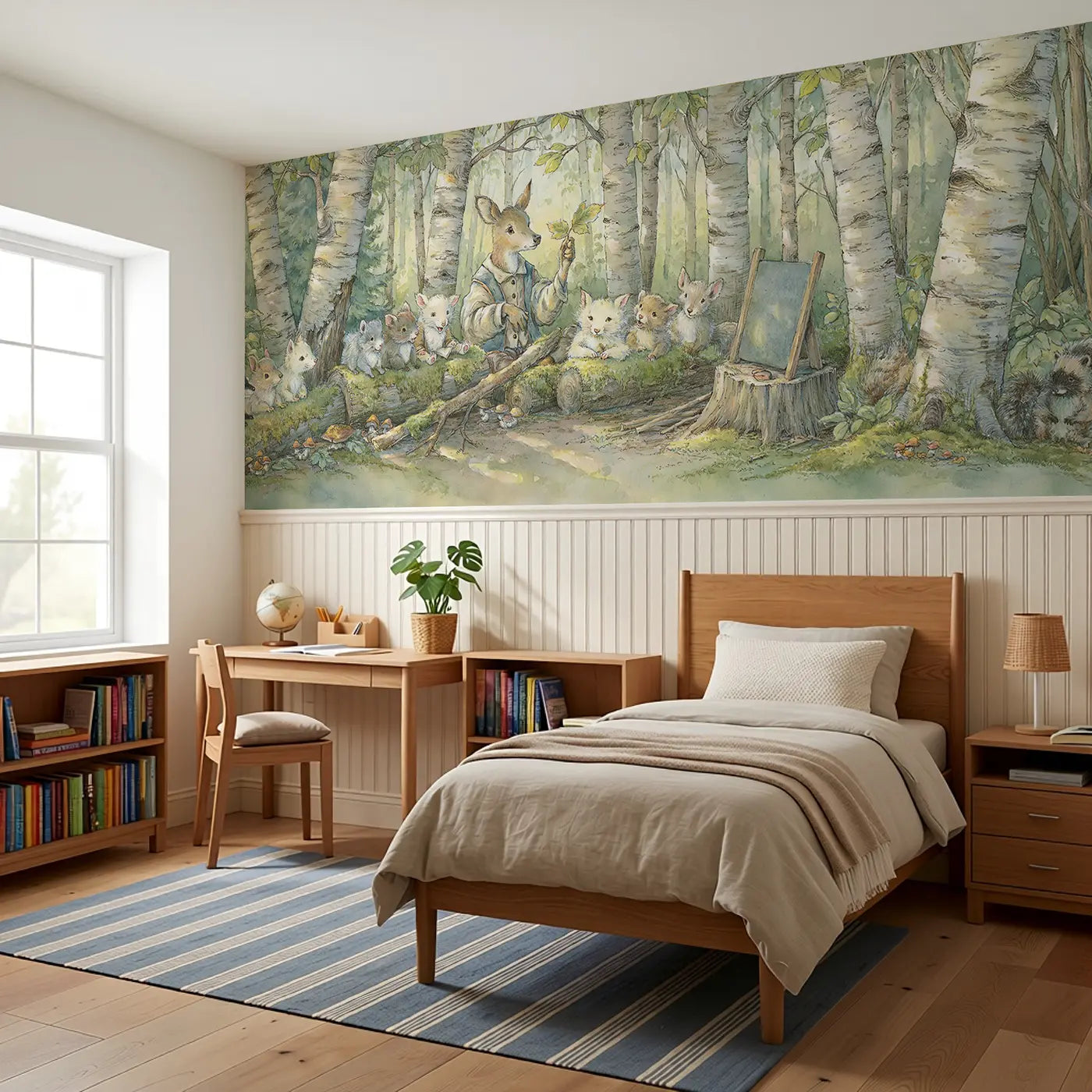 Deer Forest School Lesson Wainscoting Wallpaper styled in a kids bedroom by Whimsy Tots