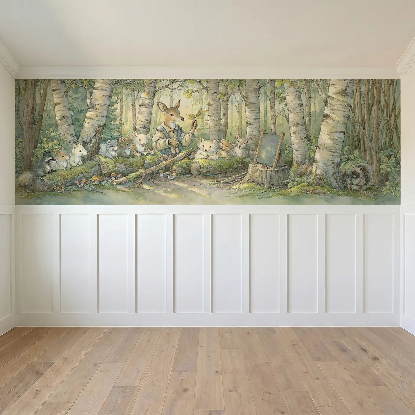 Full panel view of Deer Forest School Lesson Wainscoting Wallpaper by Whimsy Tots