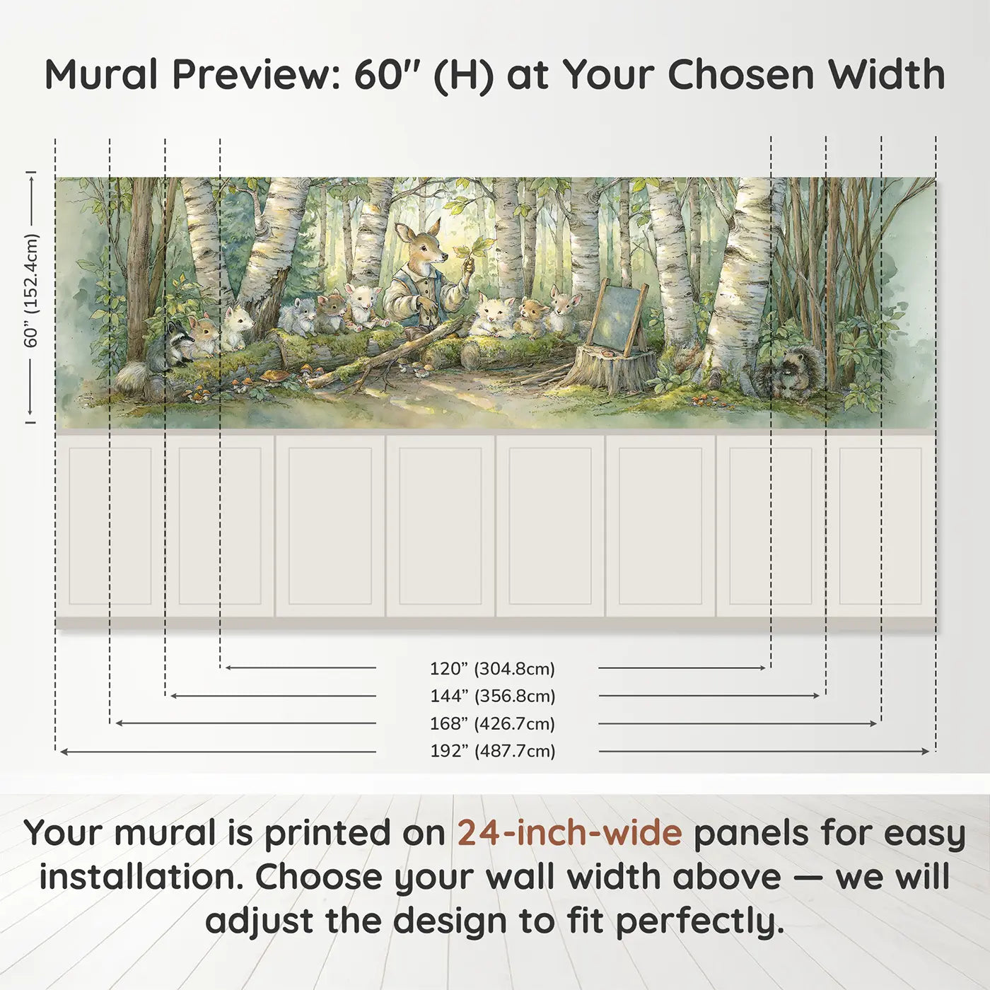 Panel dimensions for Deer Forest School Lesson Wainscoting Wallpaper by Whimsy Tots