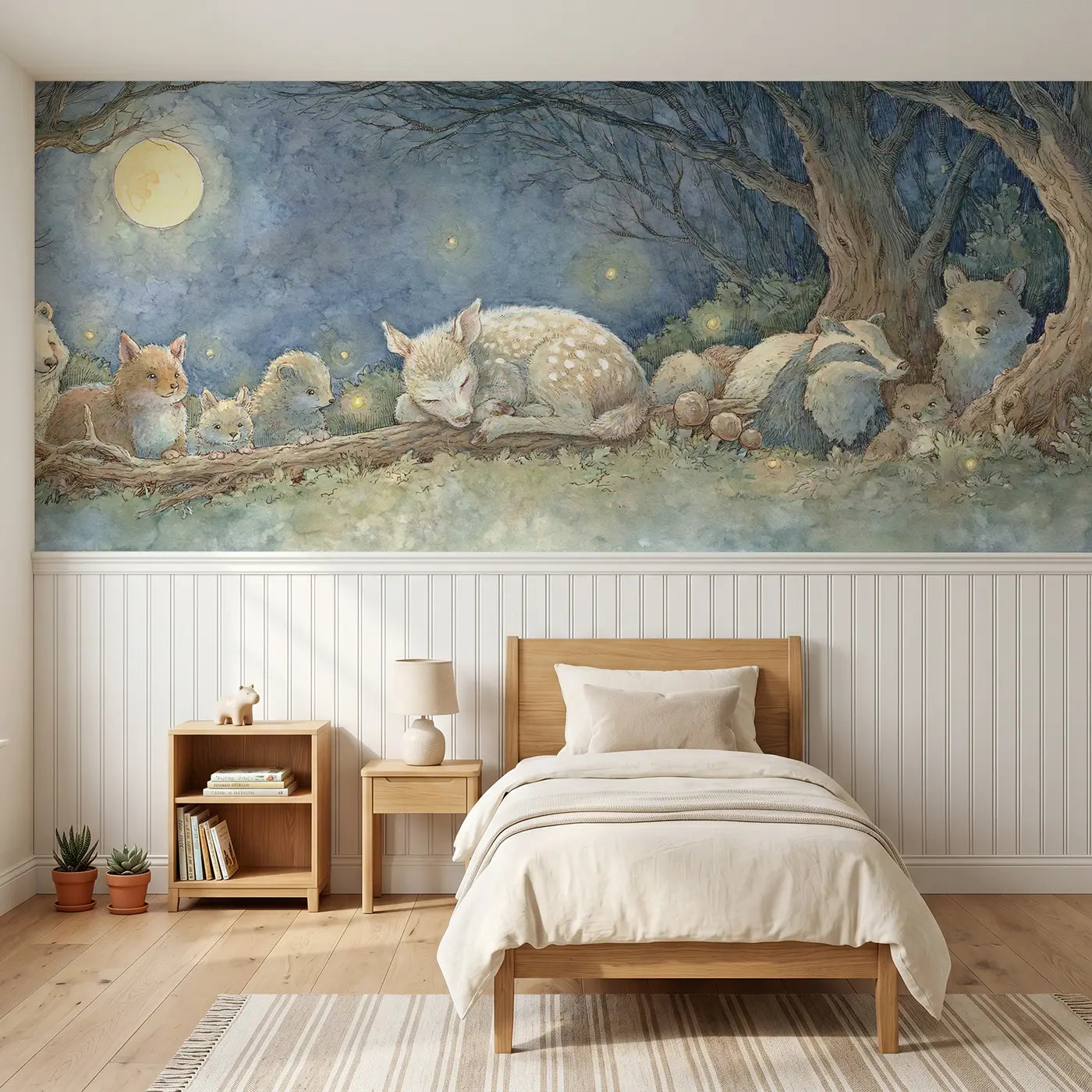 Storybook fawn sleeping friends clearing wainscoting wallpaper for nursery by Whimsy Tots.