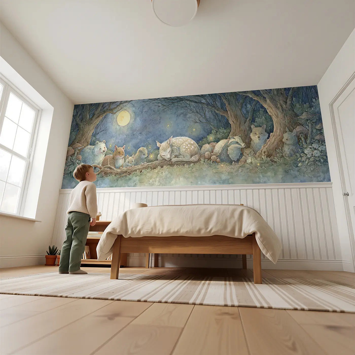 Child reading near Fawn Sleeping Friends Clearing Wainscoting Wallpaper by Whimsy Tots