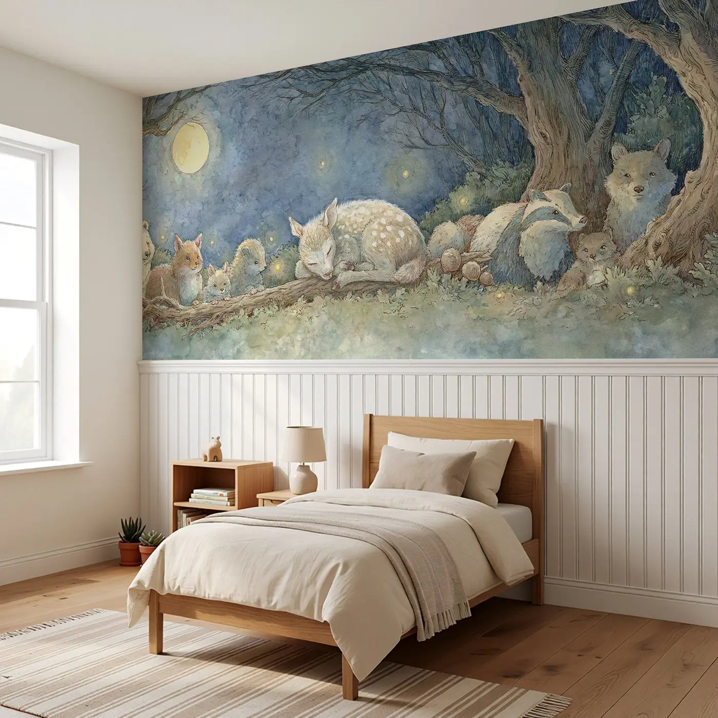 Fawn Sleeping Friends Clearing Wainscoting Wallpaper styled in a kids bedroom by Whimsy Tots
