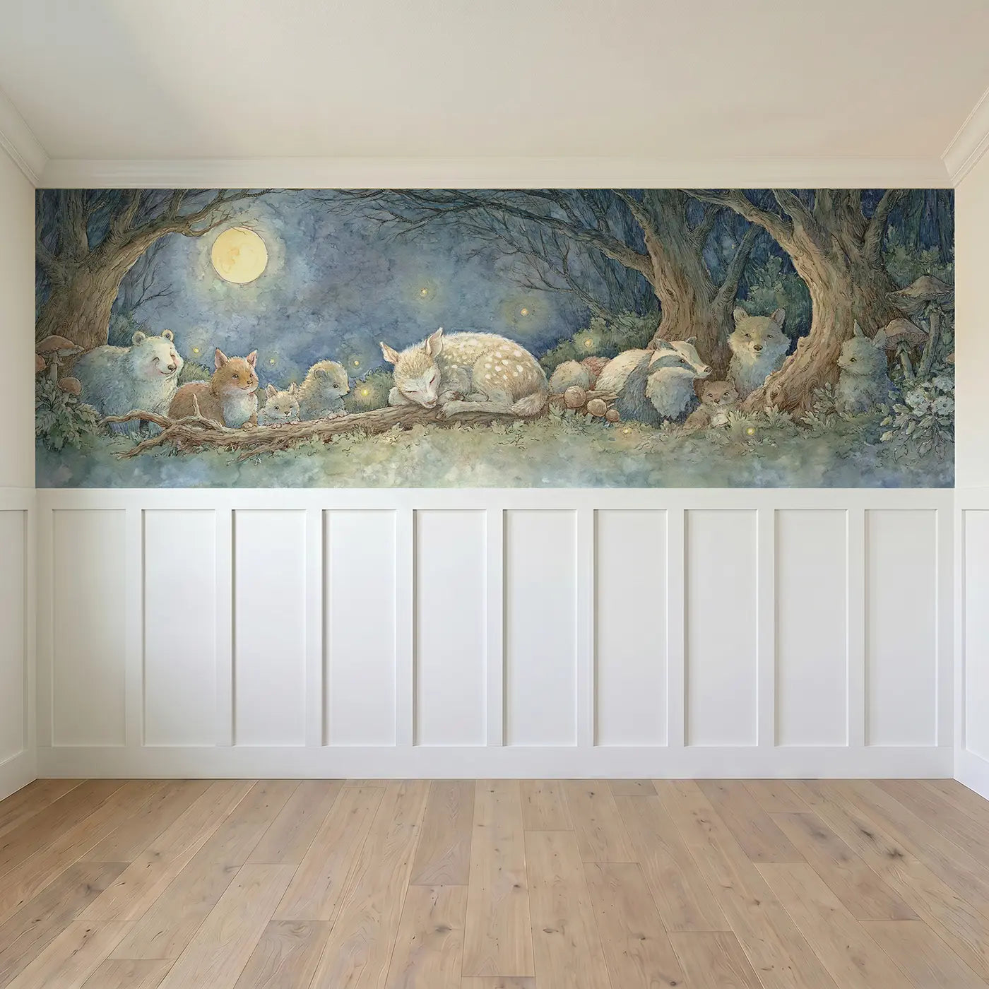 Full panel view of Fawn Sleeping Friends Clearing Wainscoting Wallpaper by Whimsy Tots