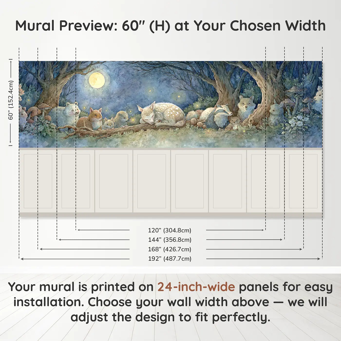Panel dimensions for Fawn Sleeping Friends Clearing Wainscoting Wallpaper by Whimsy Tots
