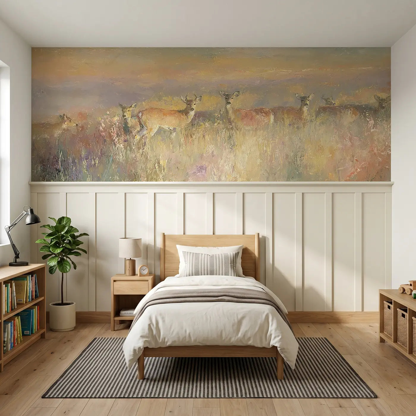 Painted Landscape deer herd autumn meadow wainscoting wallpaper for bedroom by Whimsy Tots.