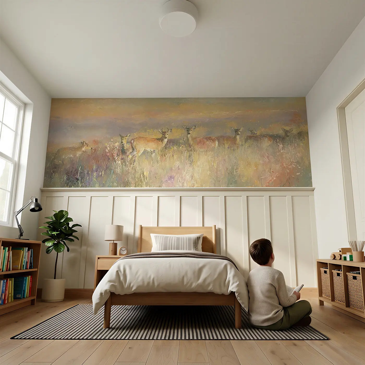 Child reading near Deer Herd Autumn Meadow Wainscoting Wallpaper by Whimsy Tots