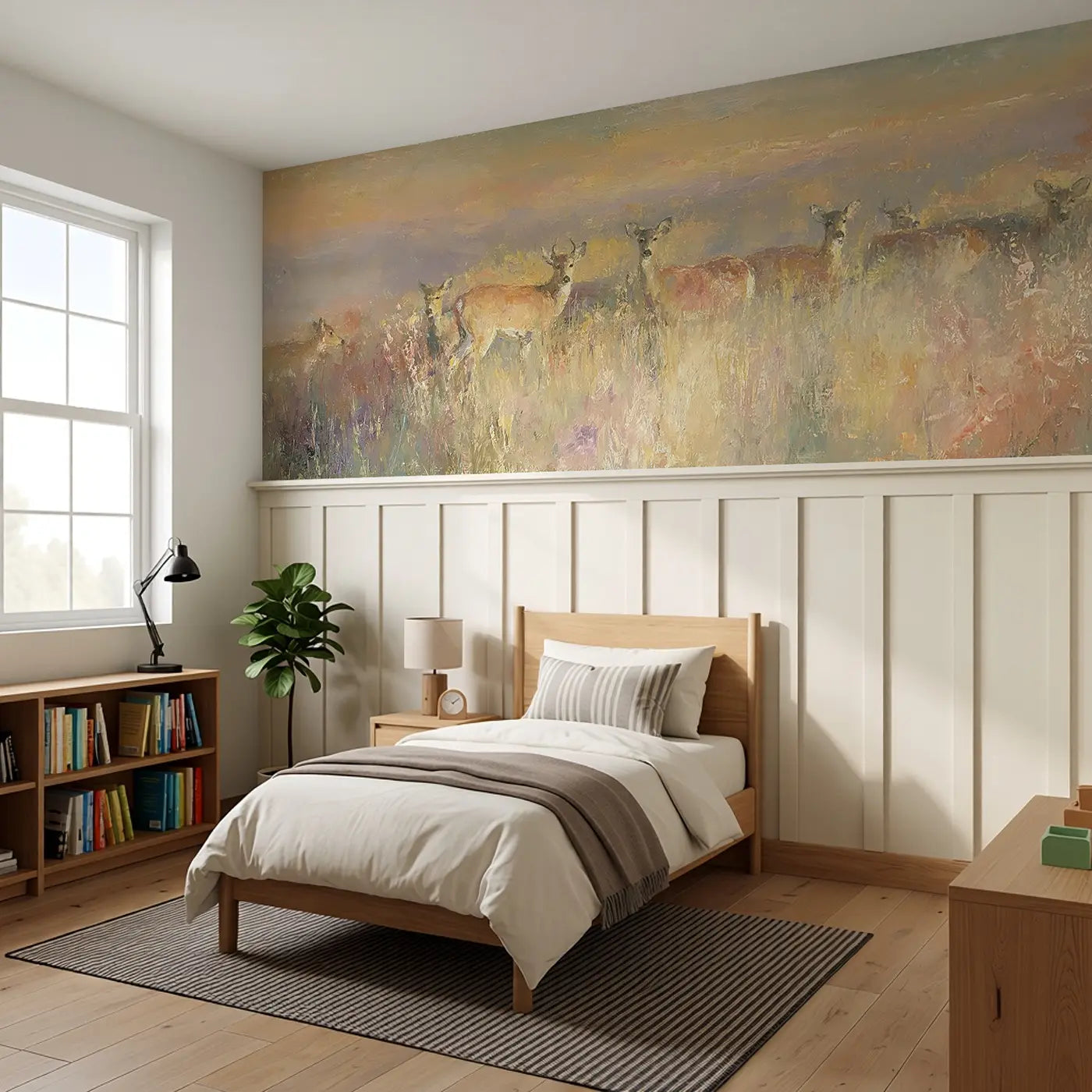 Deer Herd Autumn Meadow Wainscoting Wallpaper styled in a kids bedroom by Whimsy Tots