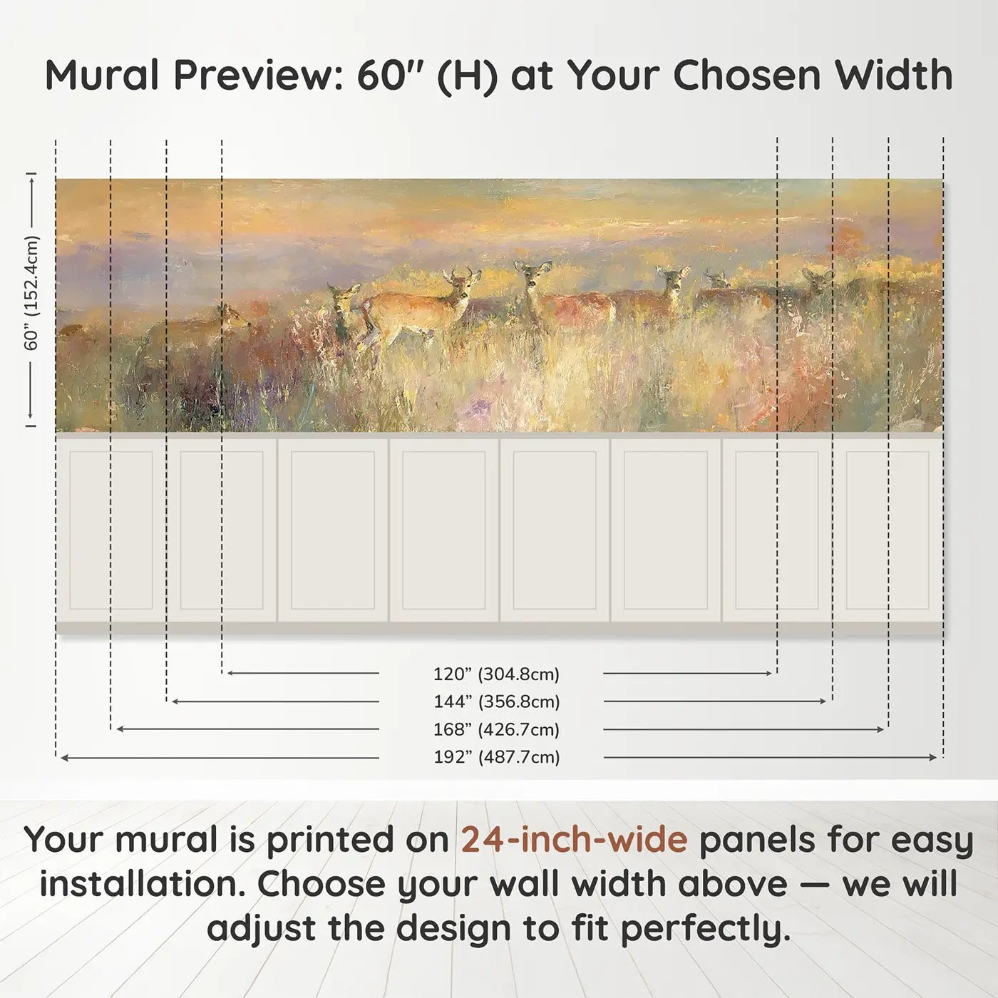Panel dimensions for Deer Herd Autumn Meadow Wainscoting Wallpaper by Whimsy Tots