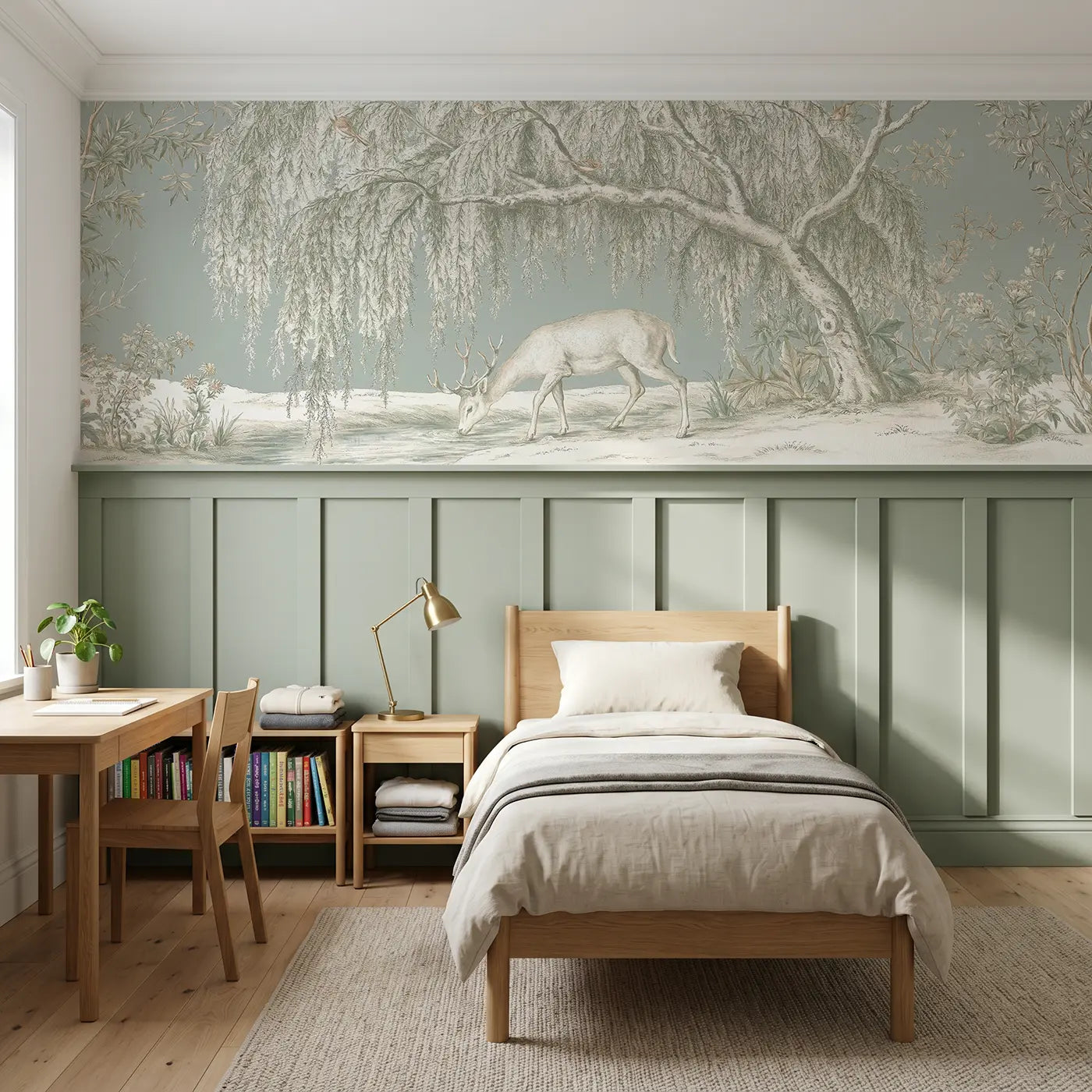 Botanical Elegance deer willow stream toile wainscoting wallpaper for bedroom by Whimsy Tots.