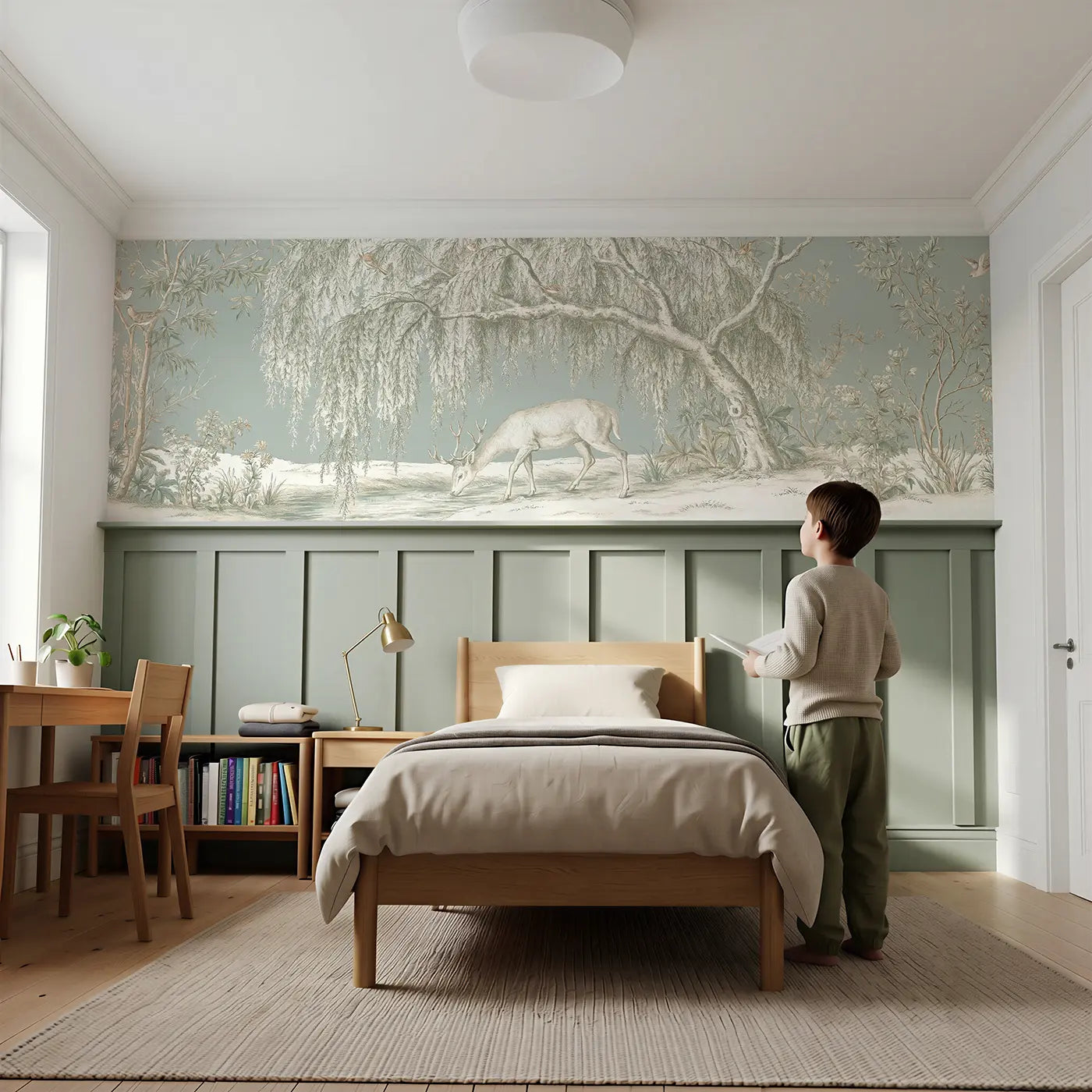 Child reading near Deer Willow Stream Toile Wainscoting Wallpaper by Whimsy Tots