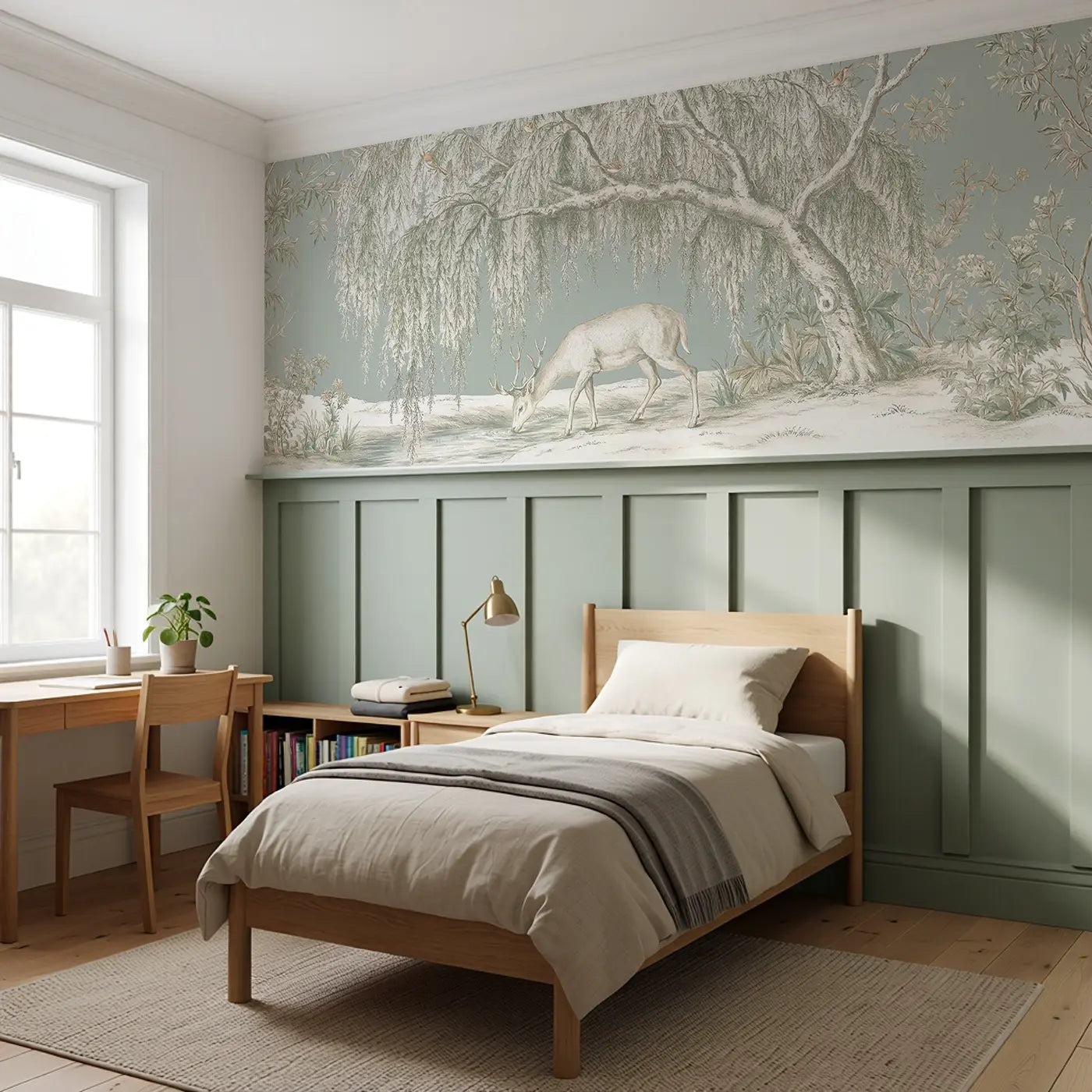 Deer Willow Stream Toile Wainscoting Wallpaper styled in a kids bedroom by Whimsy Tots