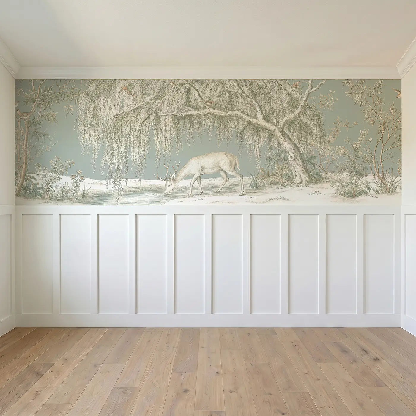 Full panel view of Deer Willow Stream Toile Wainscoting Wallpaper by Whimsy Tots