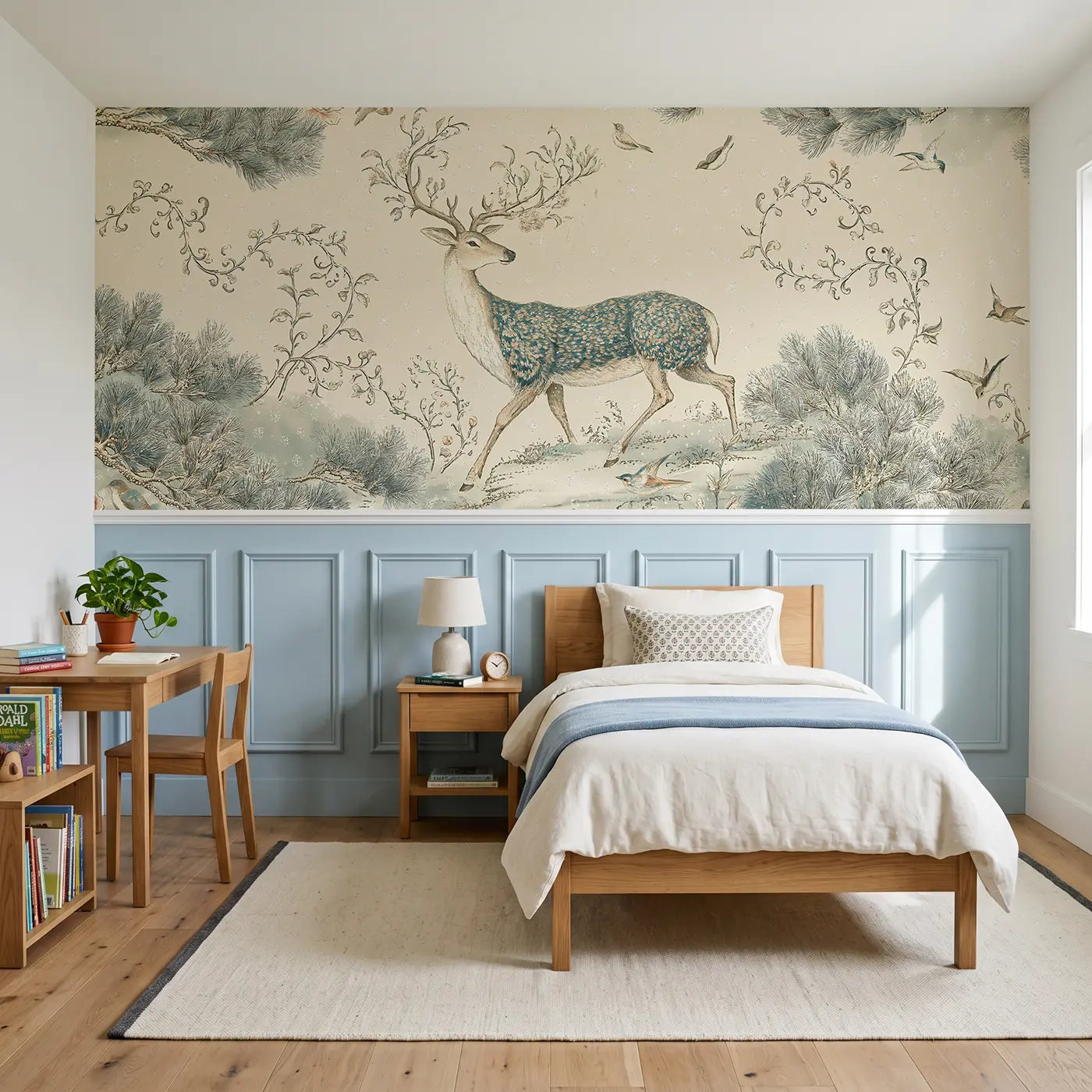 Botanical Elegance reindeer pine branch scene toile wainscoting wallpaper for bedroom by Whimsy Tots.