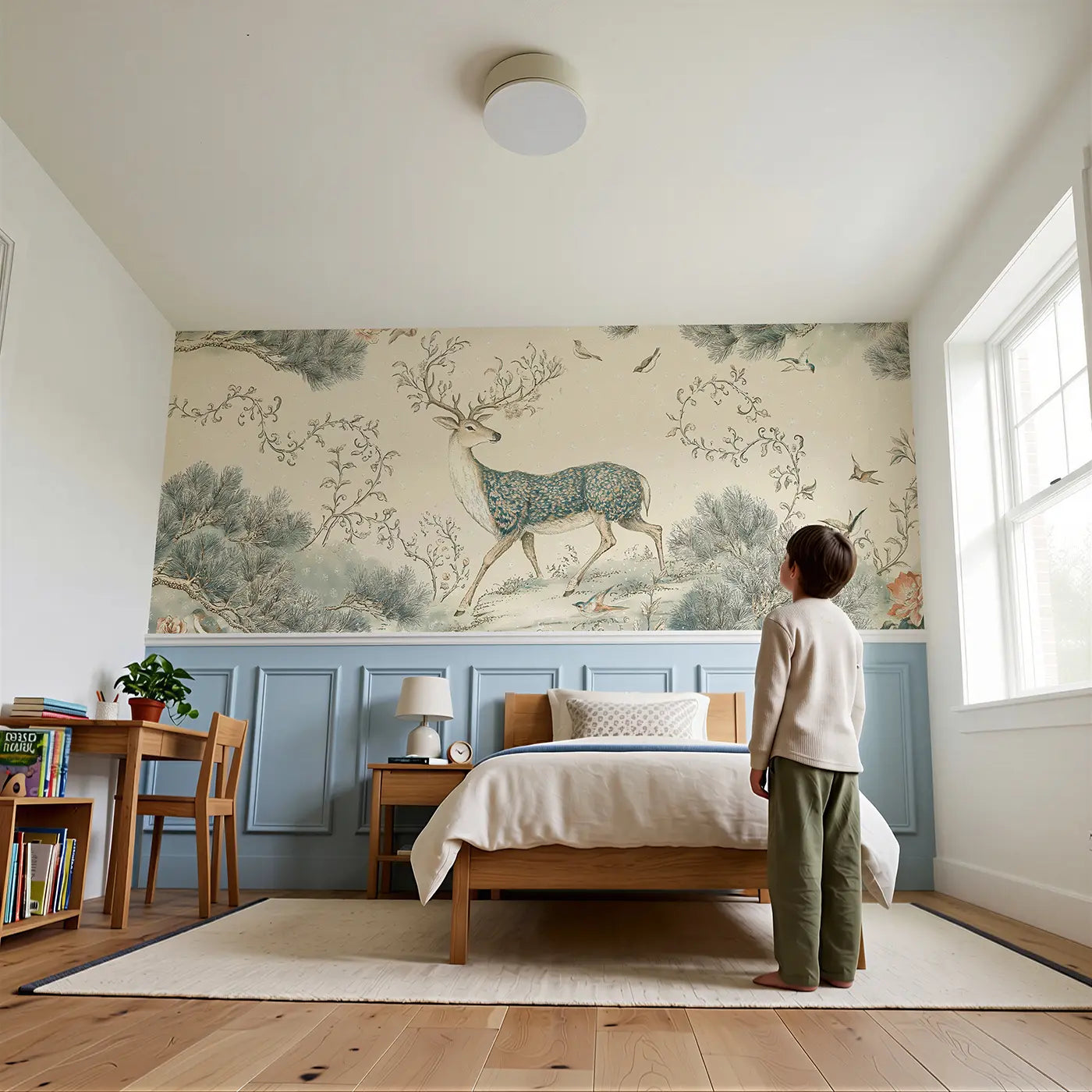 Child reading near Reindeer Pine Branch Scene Wainscoting Wallpaper by Whimsy Tots
