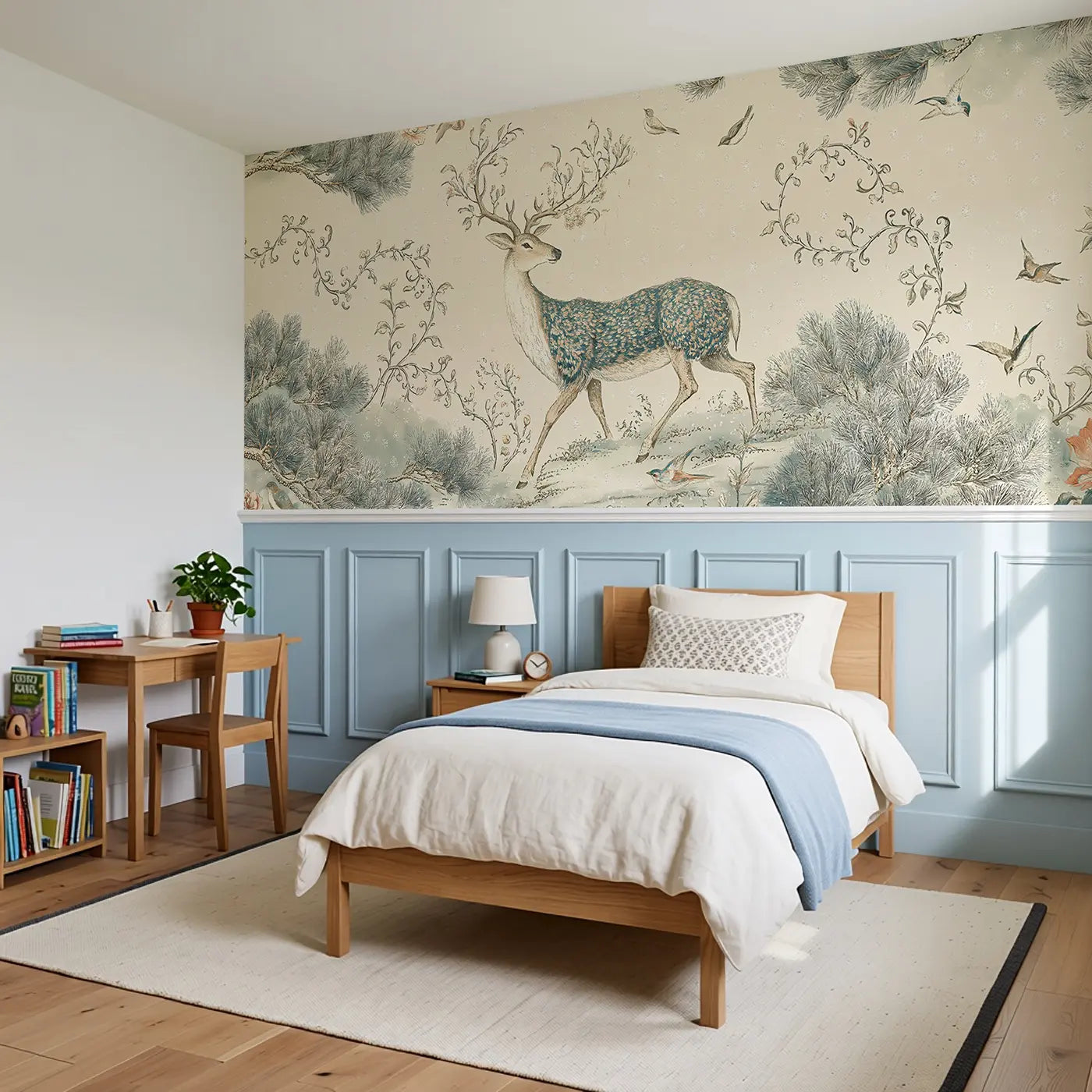 Reindeer Pine Branch Scene Wainscoting Wallpaper styled in a kids bedroom by Whimsy Tots