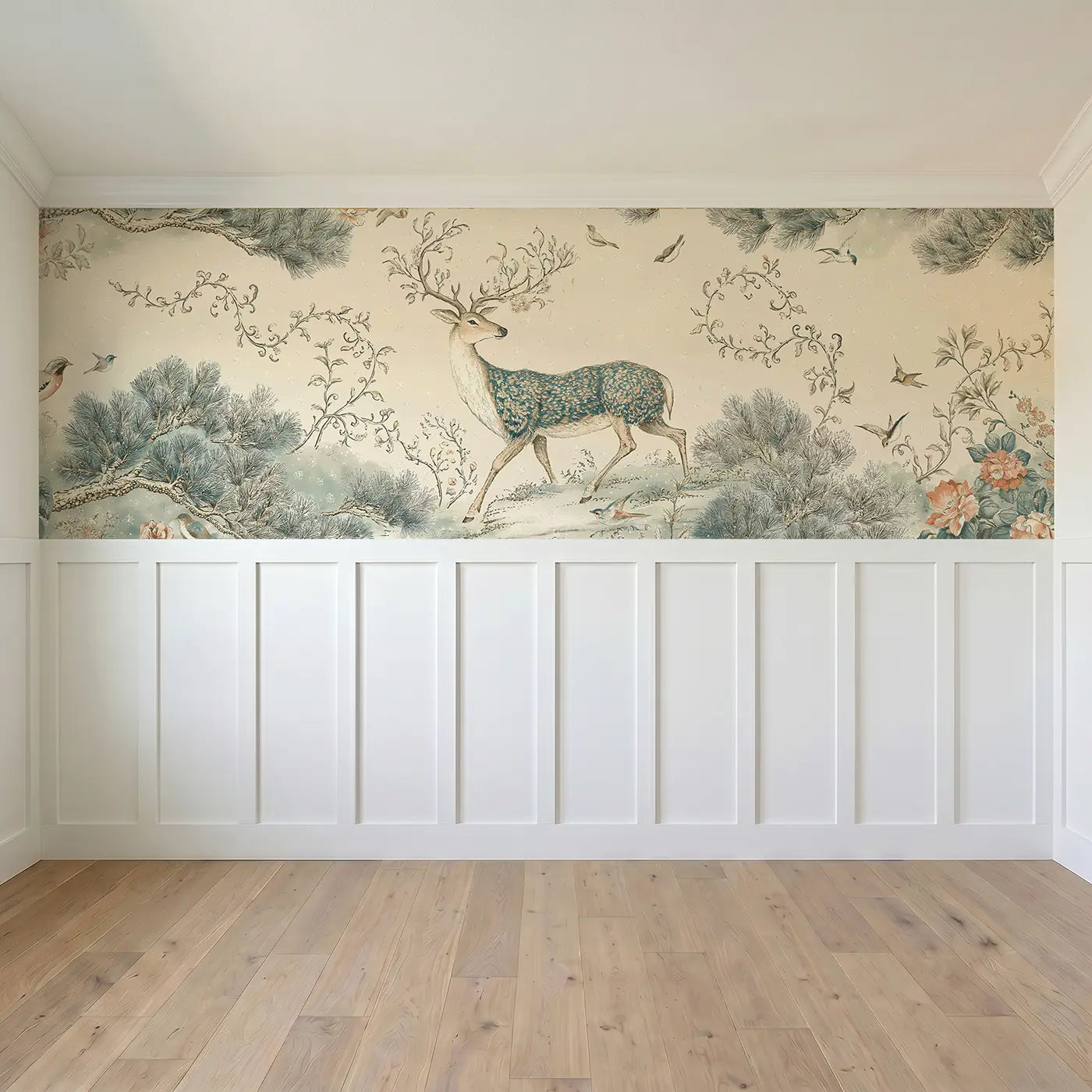 Full panel view of Reindeer Pine Branch Scene Wainscoting Wallpaper by Whimsy Tots