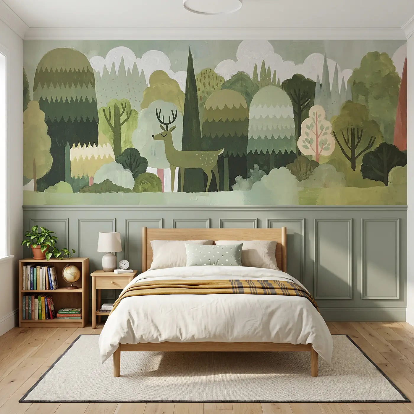 Modern Illustration deer forest layers wainscoting wallpaper for bedroom by Whimsy Tots.