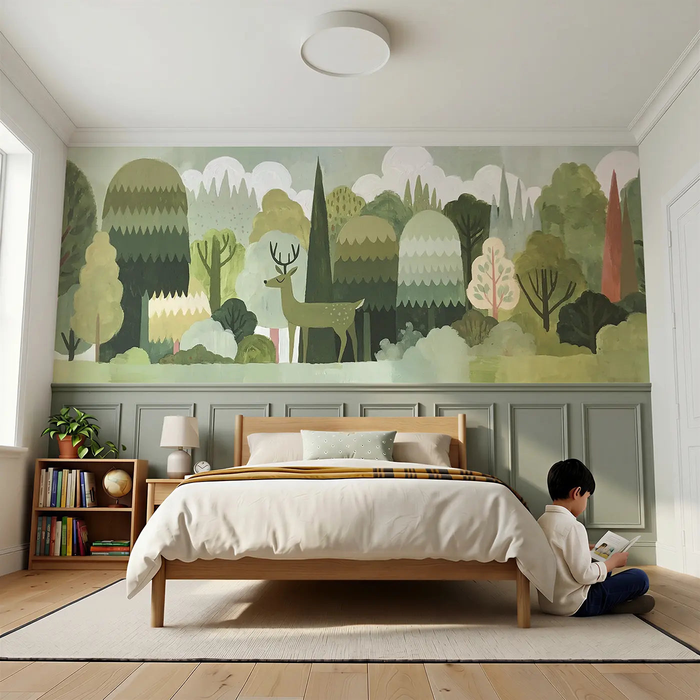 Child reading near Flat Deer Forest Layers Wainscoting Wallpaper by Whimsy Tots