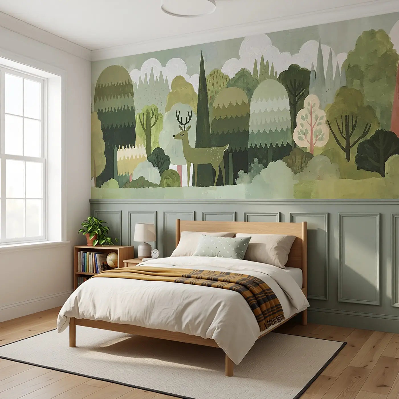 Flat Deer Forest Layers Wainscoting Wallpaper styled in a kids bedroom by Whimsy Tots