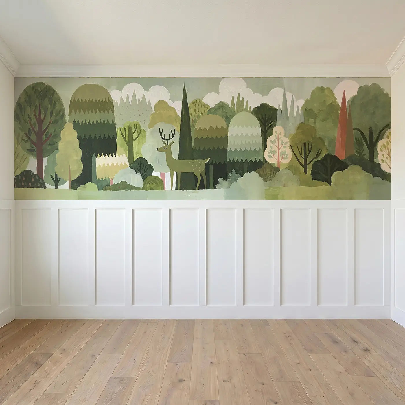 Full panel view of Flat Deer Forest Layers Wainscoting Wallpaper by Whimsy Tots