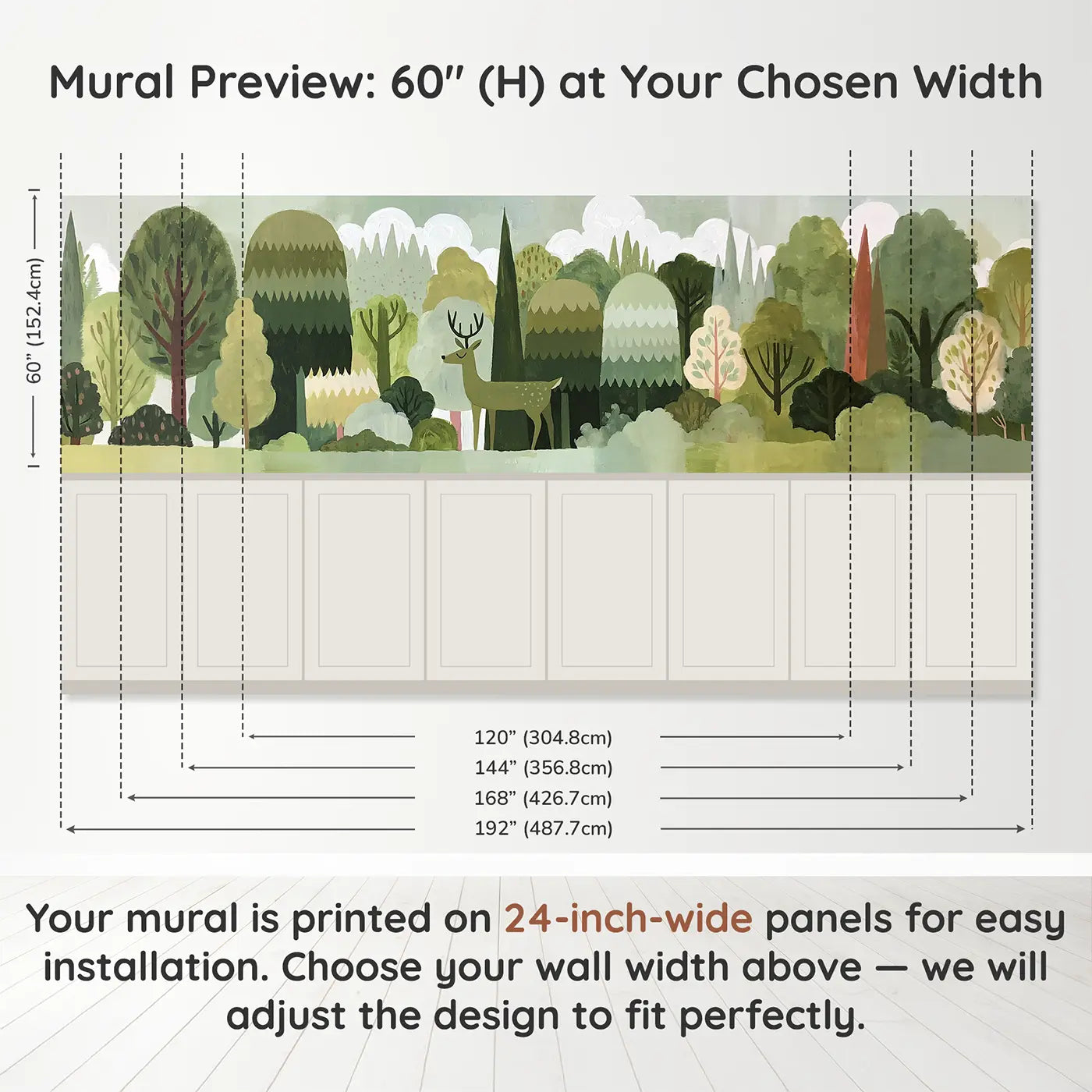 Panel dimensions for Flat Deer Forest Layers Wainscoting Wallpaper by Whimsy Tots
